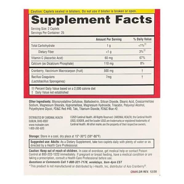 Leader Cranberry Urinary Tract Health Caplets - Pack of 50 - Image 2