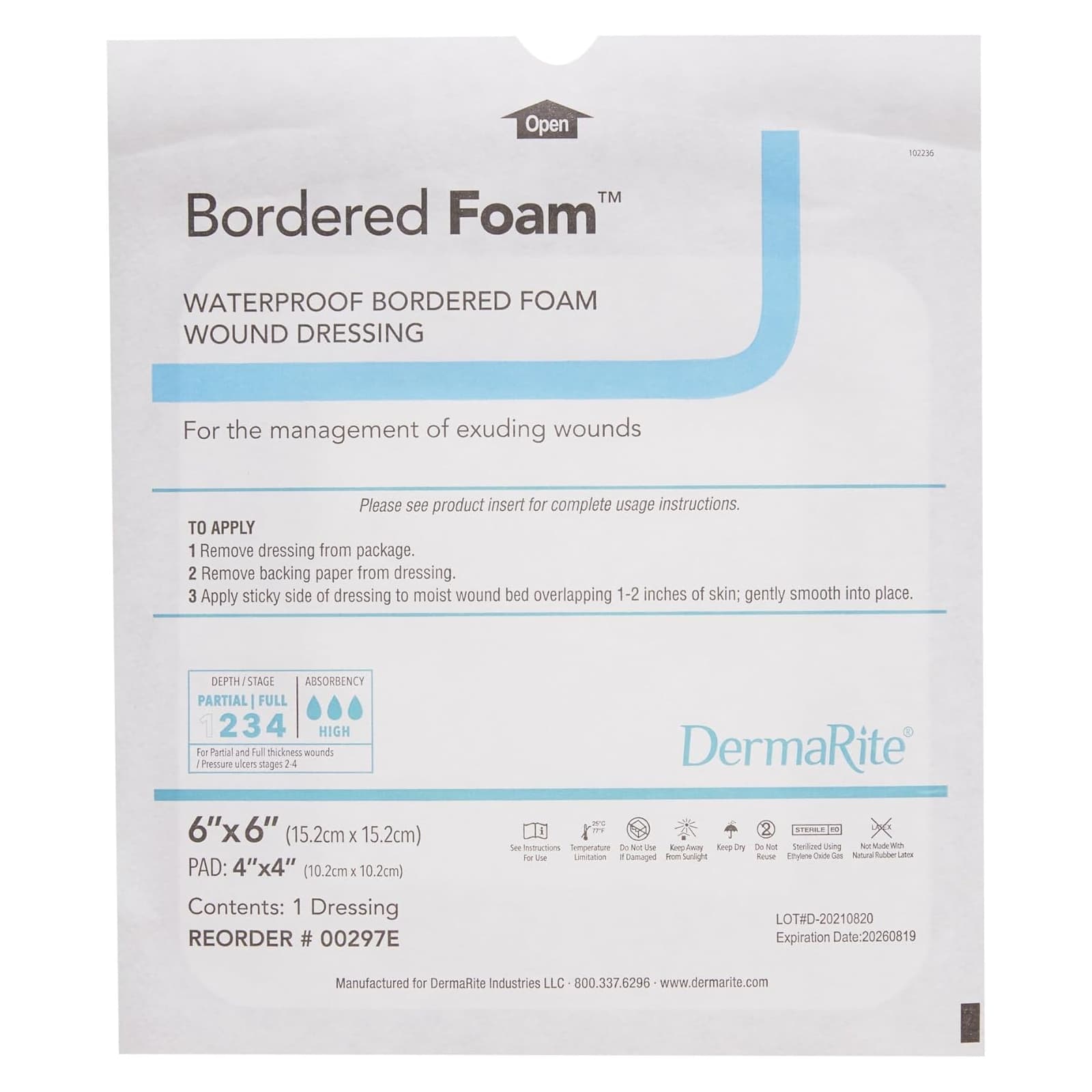 DermaRite Bordered Foam Waterproof Adhesive Wound Dressing, 6 x 6 Inch - Each - Image 1