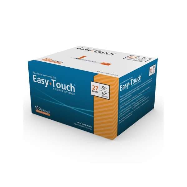 EasyTouch Standard Insulin Syringe with Needle, U-100 Insulin, 0.5 ml, 27 Gauge, 1/2 Inch - Box of 100 - Image 1