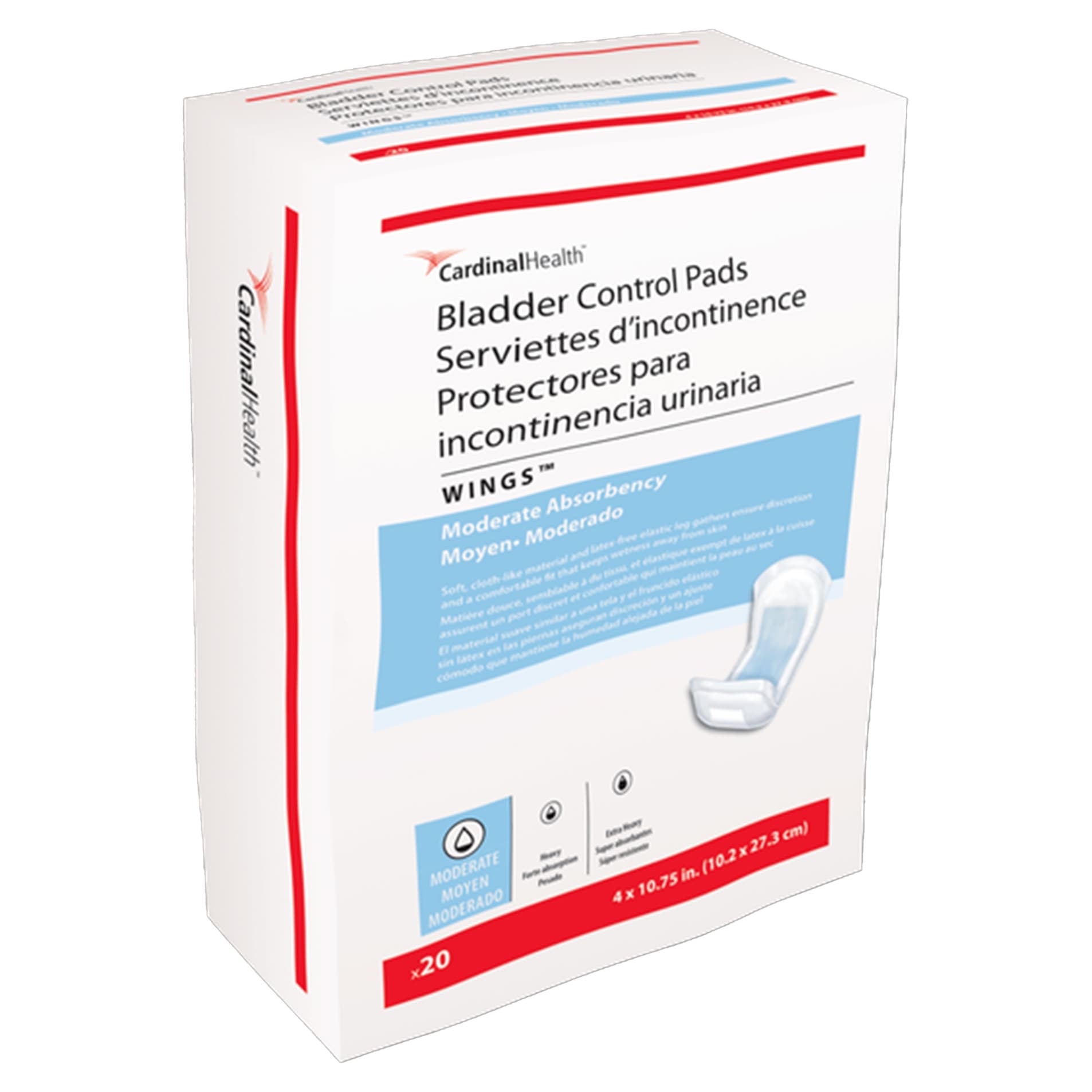 Cardinal Health Wings Bladder Control Pads, 4 x 10.75 Inch - Case of 120 - Image 1