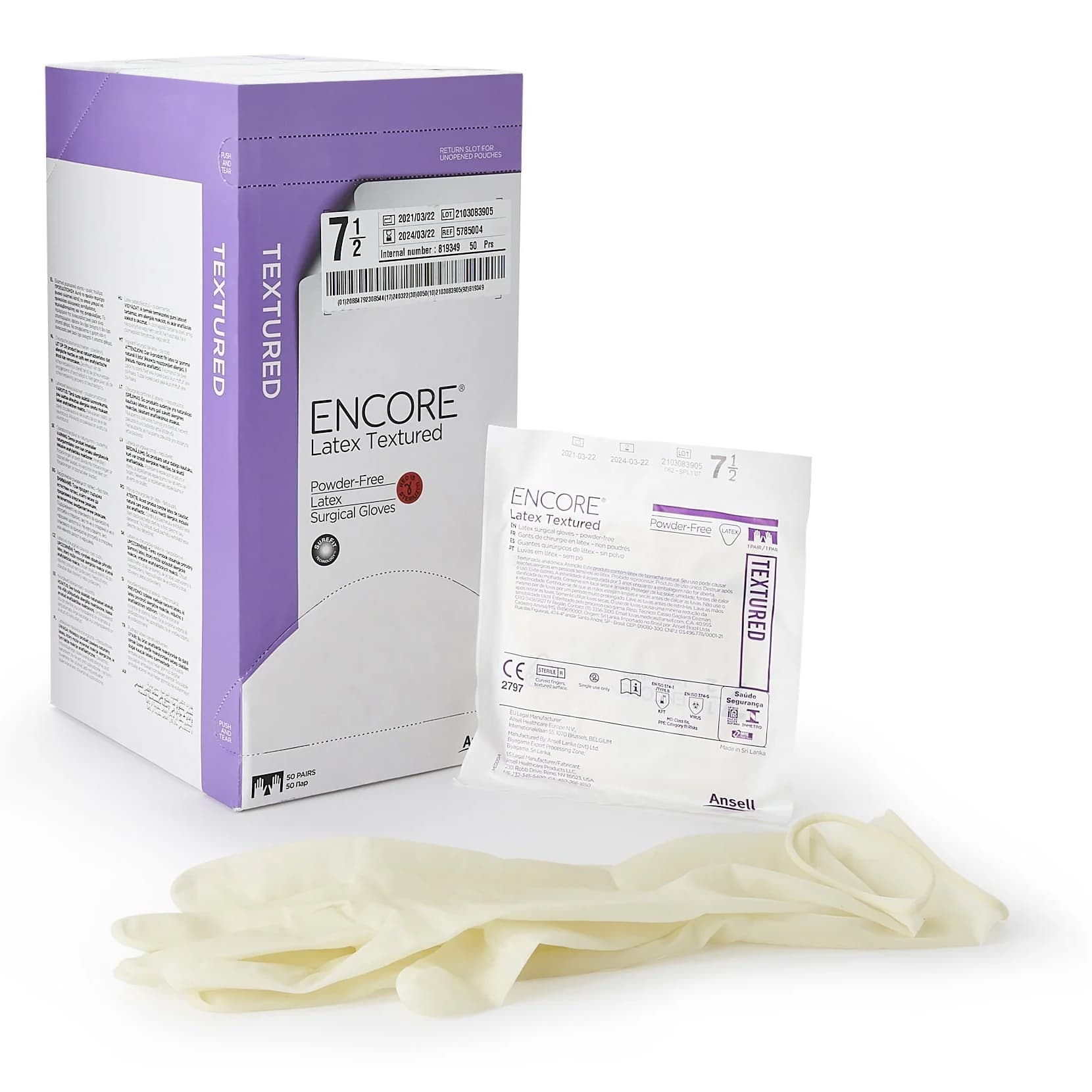 ENCORE Latex Textured Surgical Glove Ivory Neutral Beaded Cuff Standard, Size 7.5 - Case of 200 - Image 1