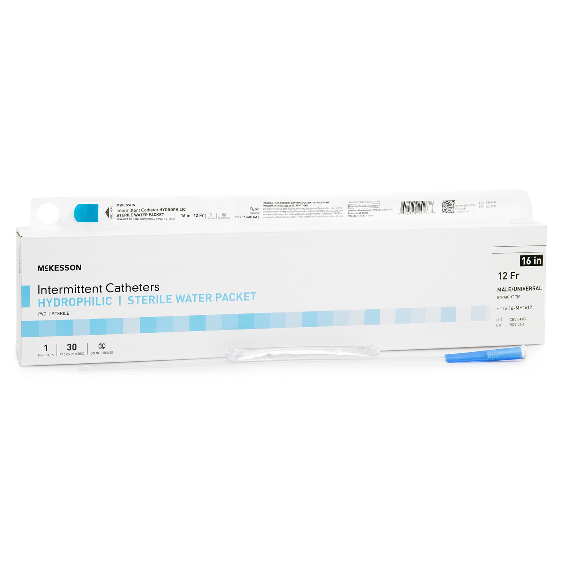 McKesson Intermittent Catheter with Hydrophilic Coating For Men, Straight Tip, 12 Fr, 16 Inch - Box of 30 - Image 1