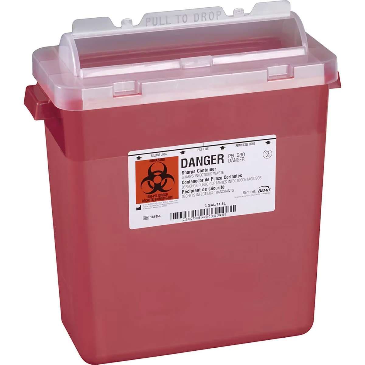 Bemis Sentinel Sharps Container without Absorbant Pad, Translucent Red, 15 H x 13-7/8 L x 6-7/8 W Inch - Case of 12 - Image 1