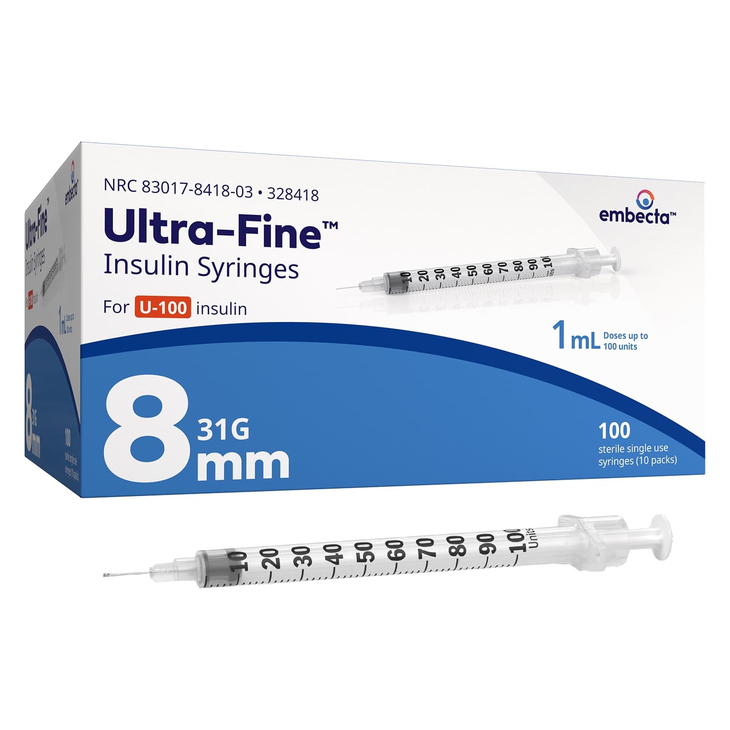 Embecta Ultra-Fine Insulin Syringes, 31 Gauge, 8 mm, 1 mL - Box of 100 - Image 1