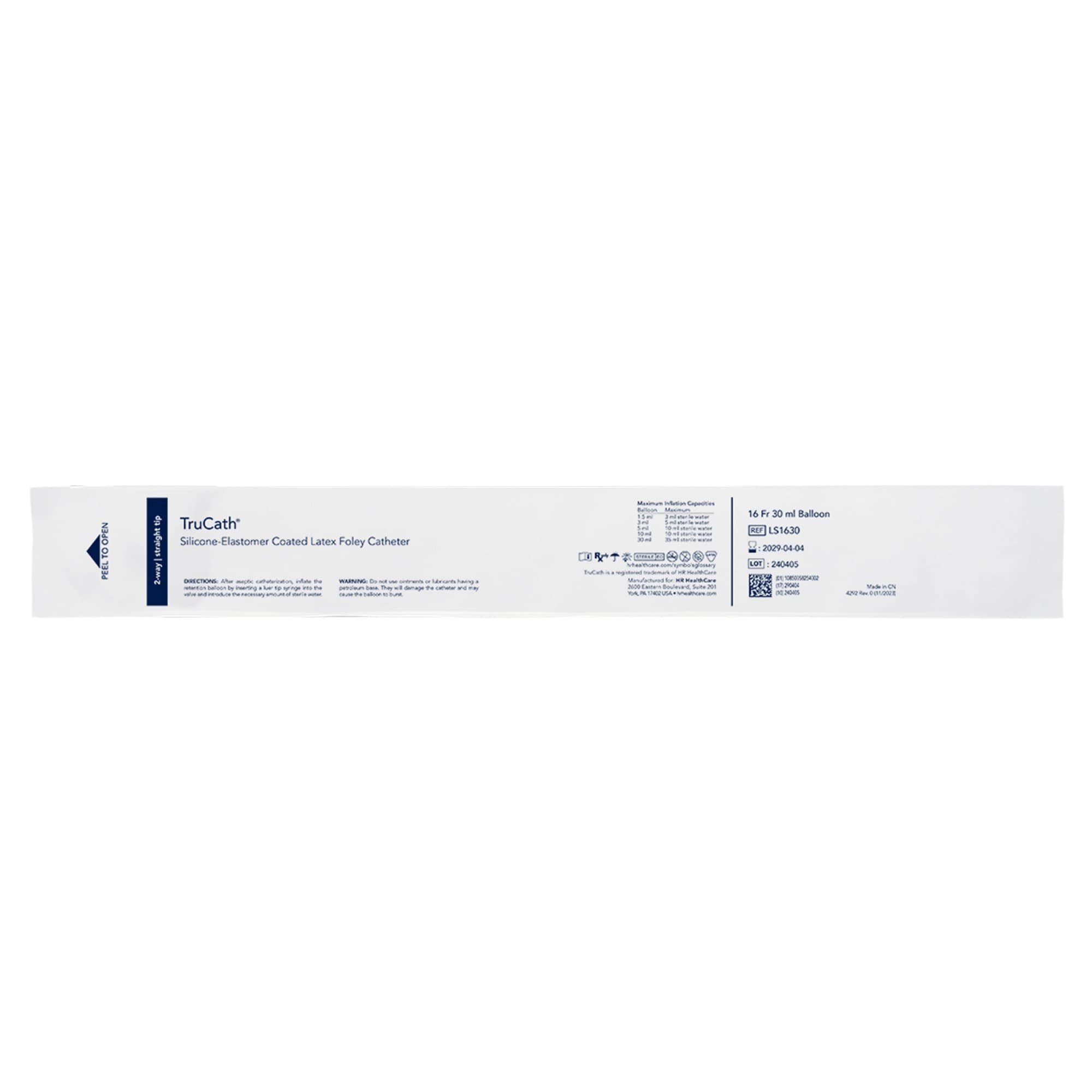 TruCath Silicone-Elastomer Coated Latex 2-Way Foley Catheter, Standard Tip, 16 Fr, 30 mL - Each - Image 1