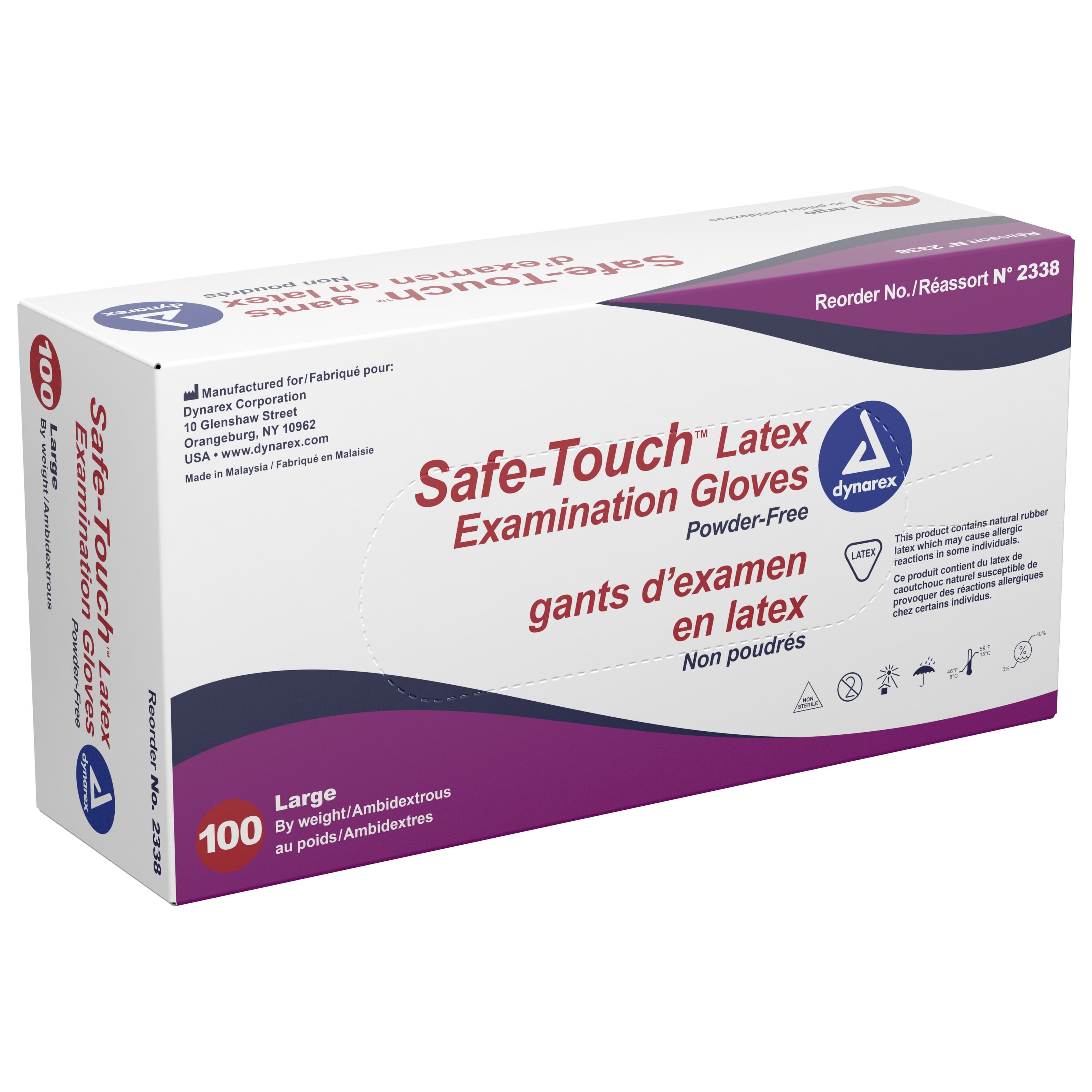 Dynarex Safe-Touch Latex Exam Gloves, Large - Box of 100 - Image 1