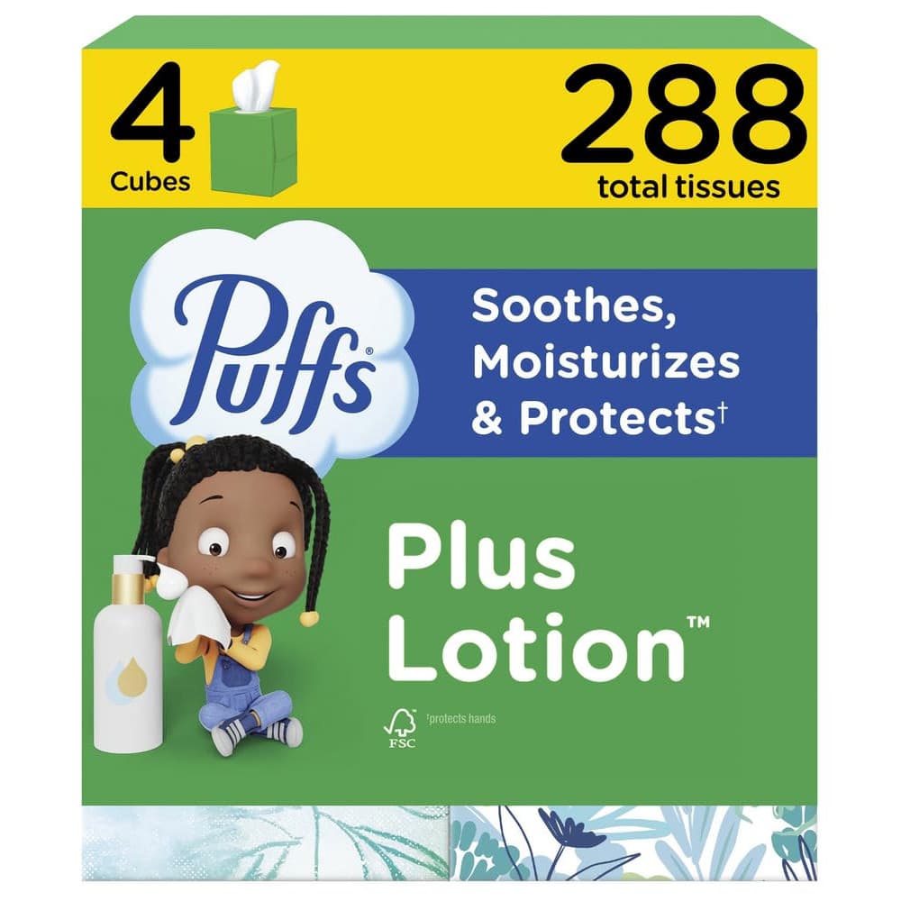 Puffs Plus Lotion Facial Tissue, Mega Cube, 4 Count