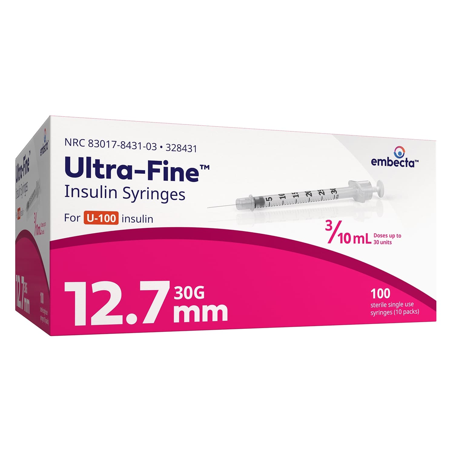 Embecta Ultra-Fine Insulin Syringes, 30 Gauge, 12.7 mm, 0.3 mL - Box of 100 - Image 1