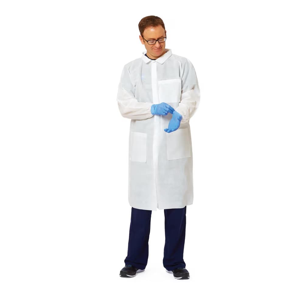 Medline Disposable Knit-Cuff Multilayer SMS Lab Coat with Traditional Collar - Image 1