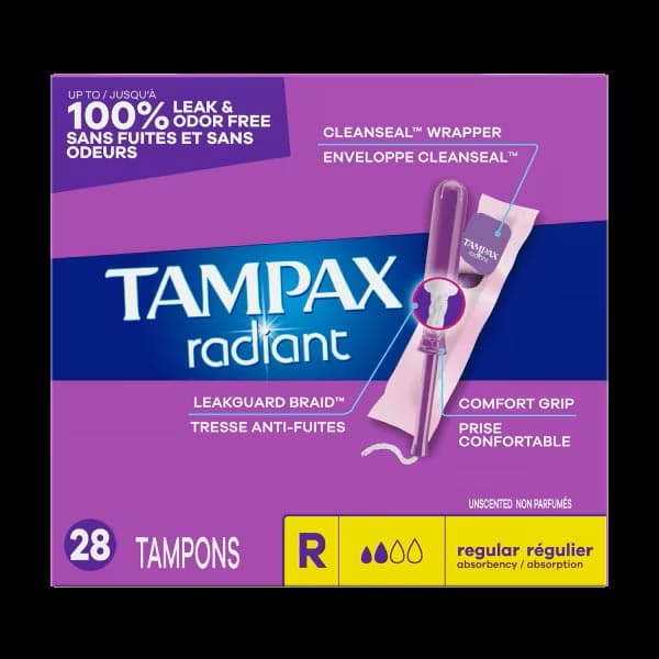 Tampax Radiant Tampons with LeakGuard Braid, Regular Absorbency - Box of 28 - Image 1