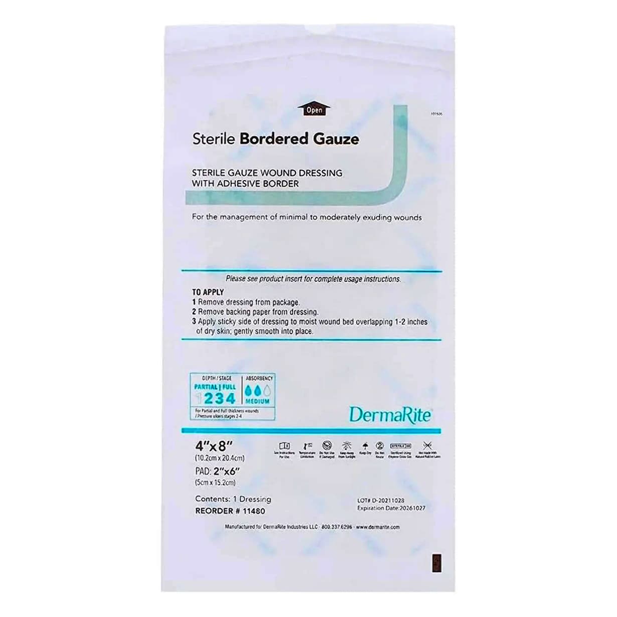 DermaRite Sterile Bordered Gauze Dressing with Adhesive Border, 4 x 8 Inch - Each - Image 1