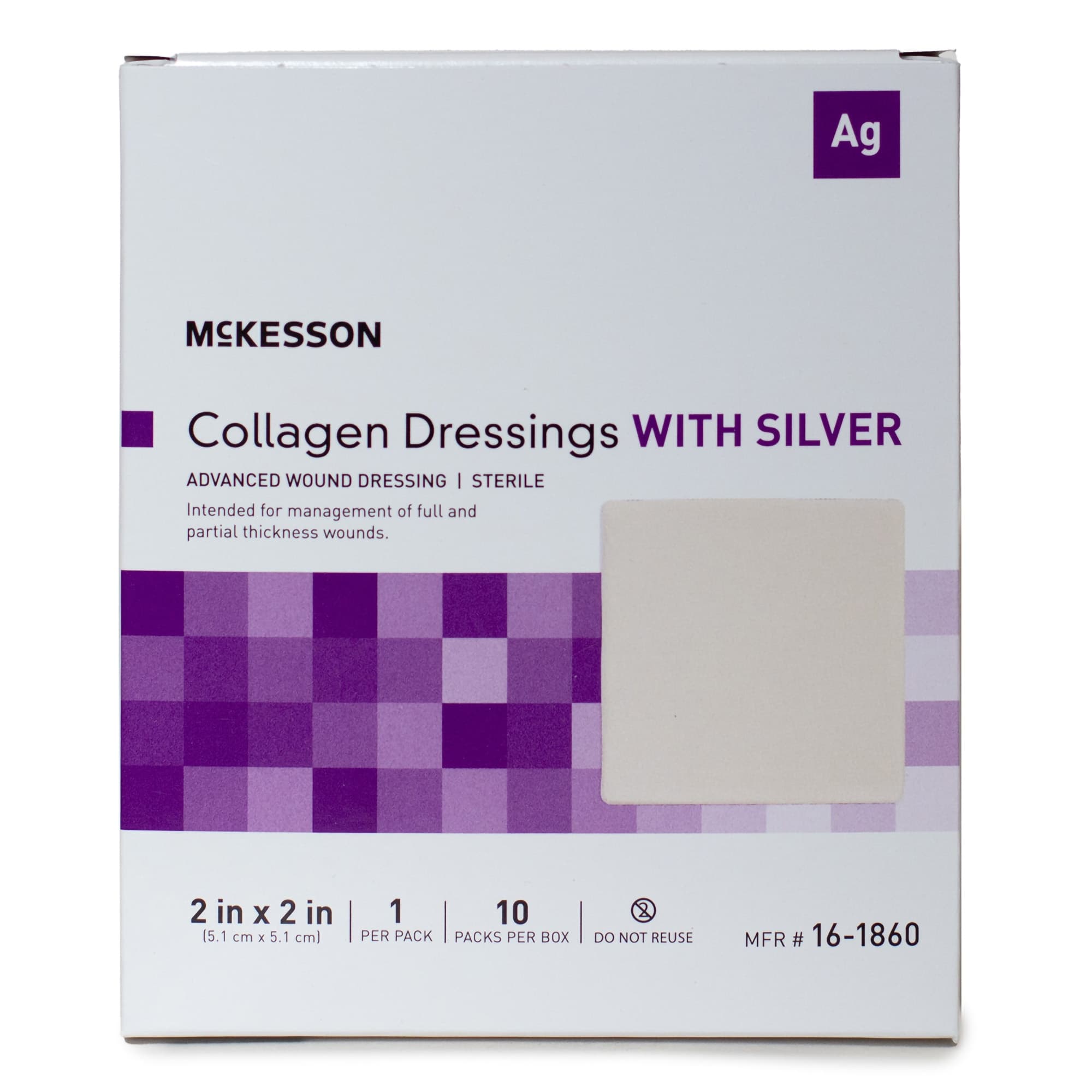 McKesson Silver Collagen Dressing 2 x 2 Inch Square Sterile - Box of 10 - Image 1