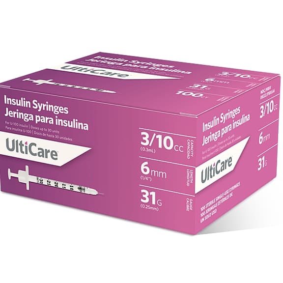Ultimed UltiCare U-100 Insulin Syringes, 3/10 mL per cc 6mm (1/4") x 31G - Box of 100 - Image 1