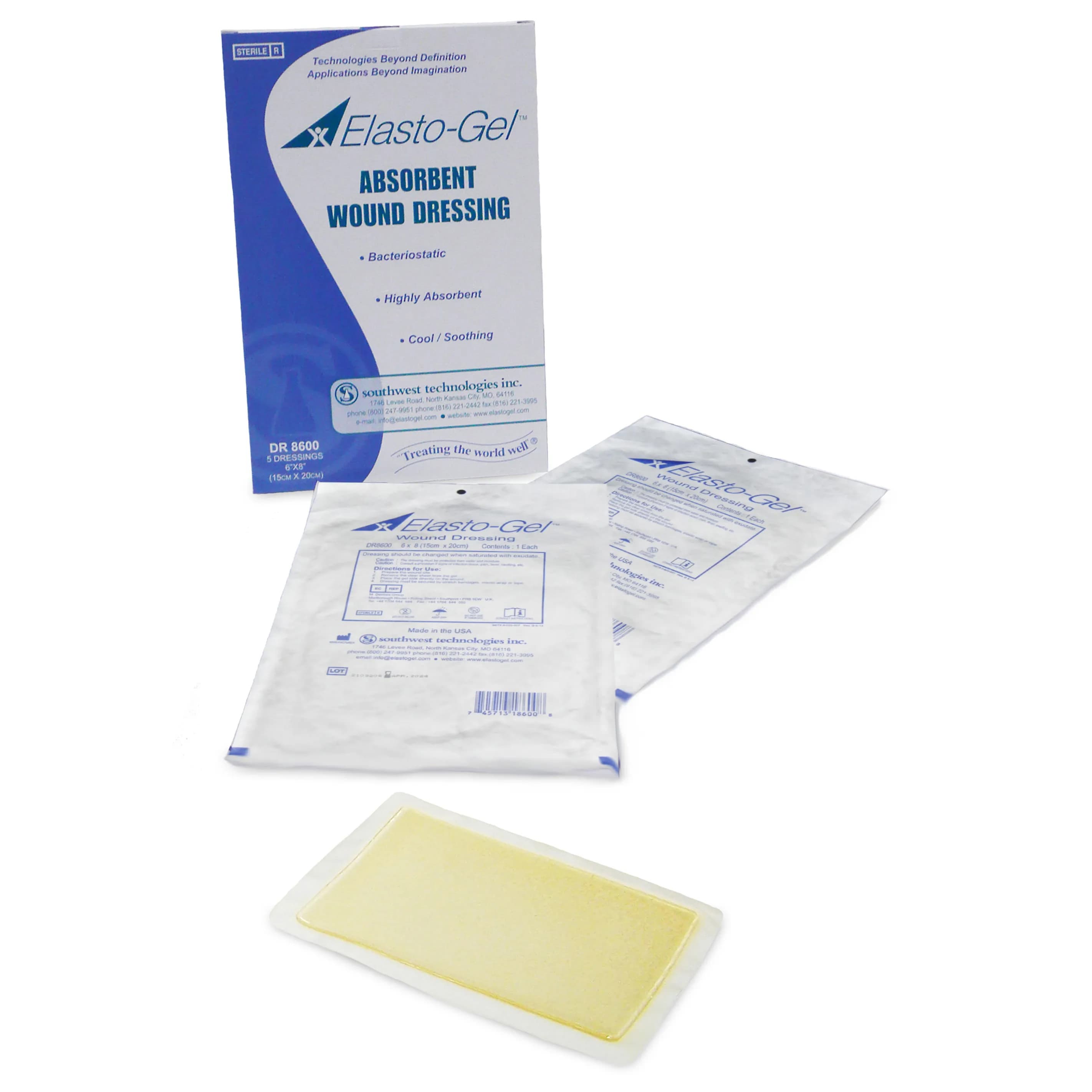 Elasto-Gel Absorbent Wound Dressing, 4-Way Stretch Backing, 6 x 8 Inch - Box of 5 - Image 1