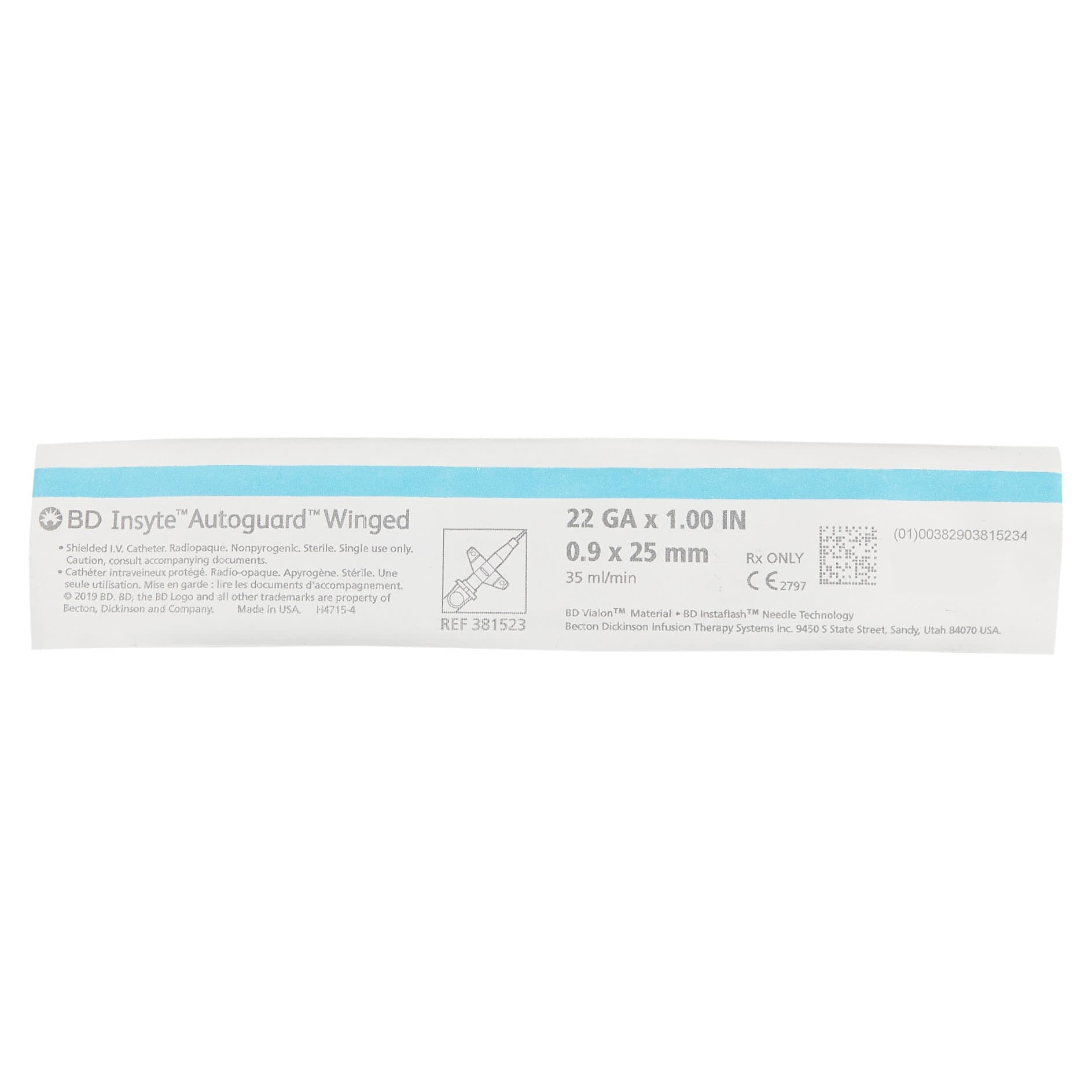 BD Insyte Autoguard Winged Shielded IV Catheters, Blue, 22 Gauge, 1 Inch - Each - Image 1