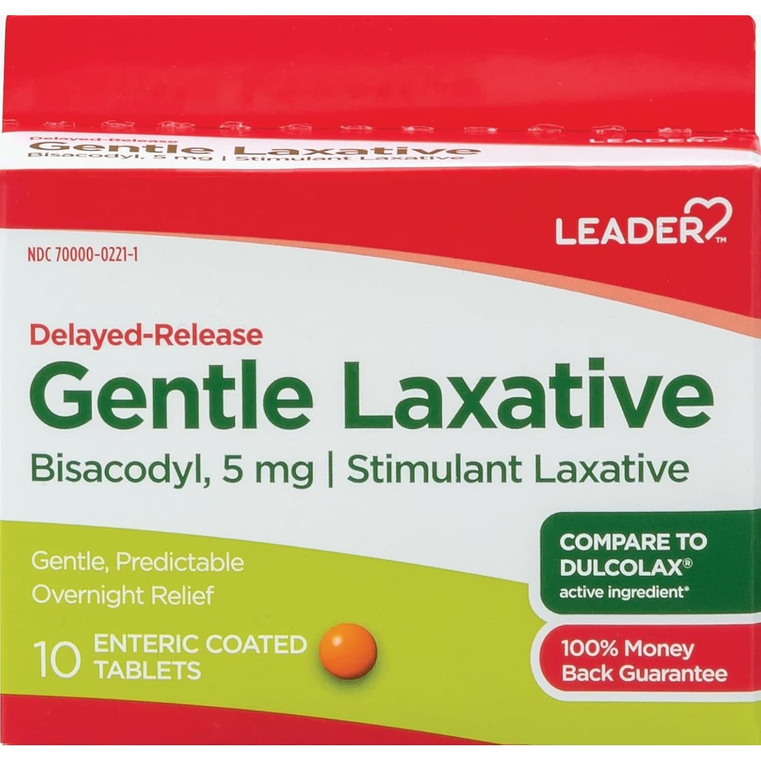 Leader Gentle Laxative, Bisacodyl USP, Enteric Coated Tablets, 5 mg, 10 Count - Each - Image 1