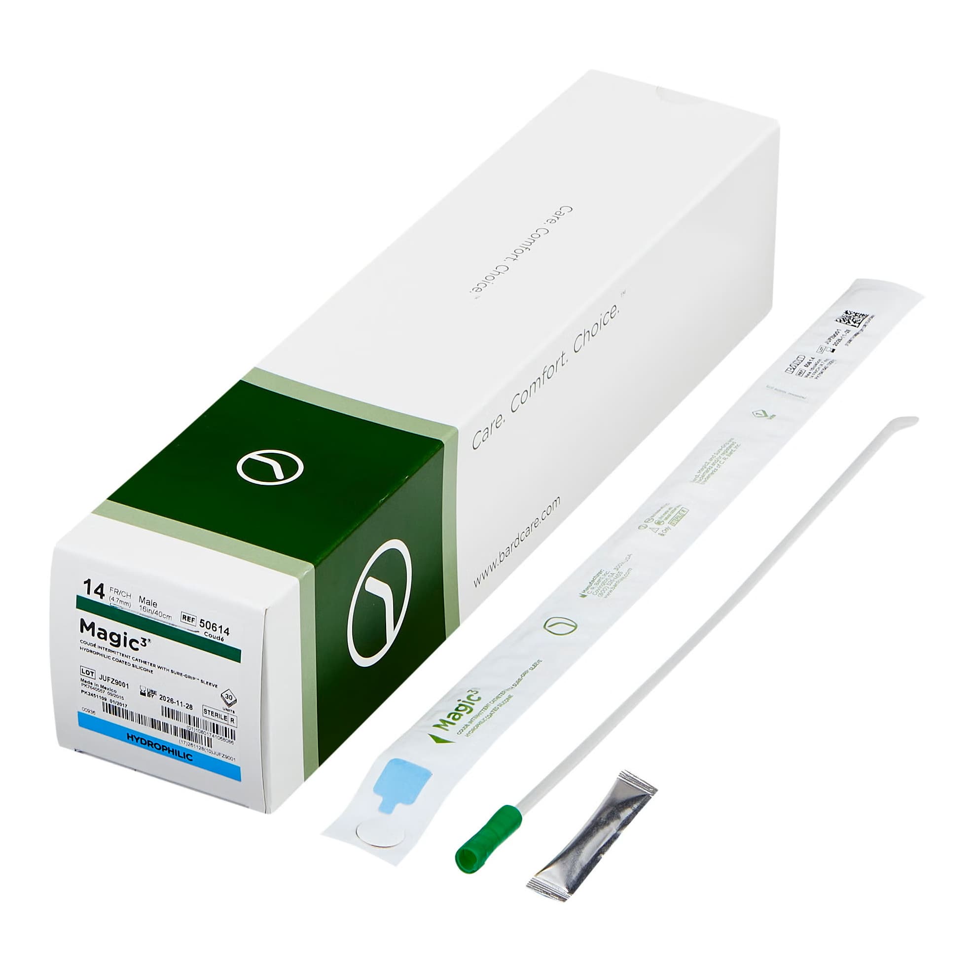 MAGIC3 Intermittent Catheter with SURE-GRIP Insertion Sleeve, Coude Tip, Male, 14 Fr, 16" - Box of 30 - Image 1