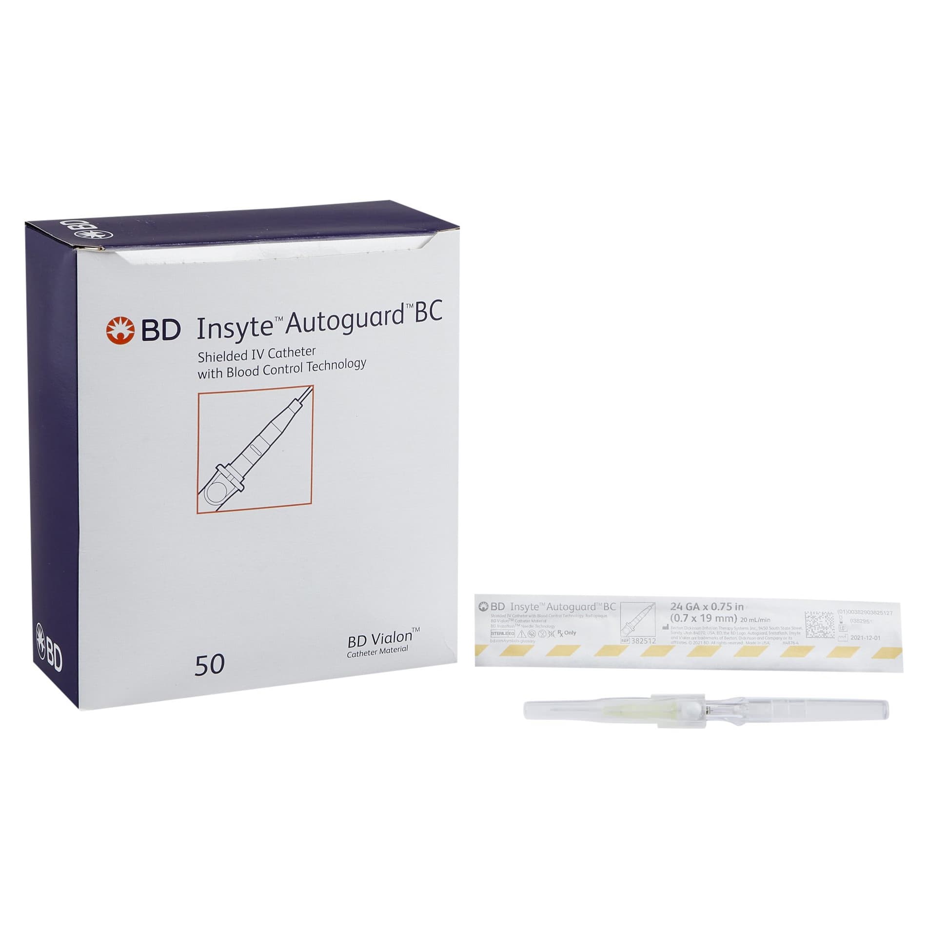 BD Insyte Autoguard Peripheral IV Catheter, Yellow, 24 Gauge, 0.75 Inch - Box of 50 - Image 1