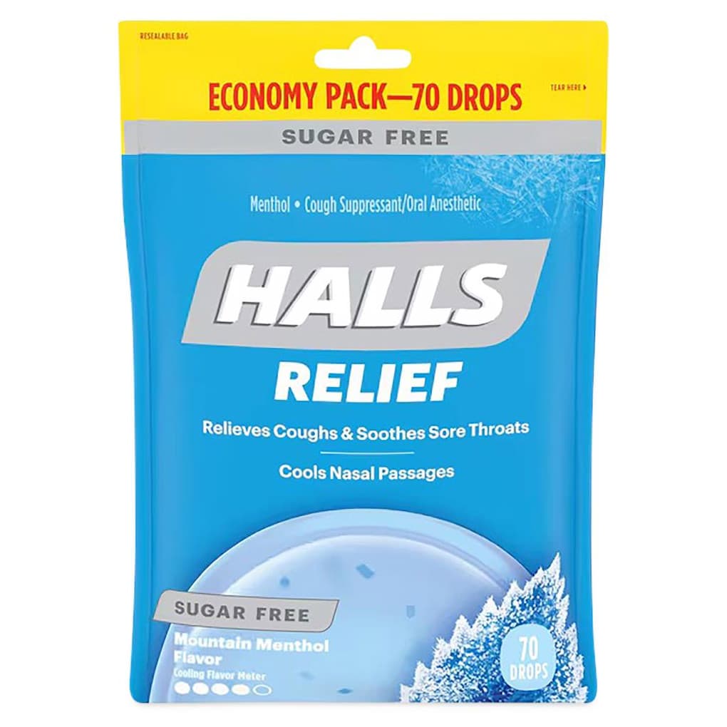 Halls Relief Cough and Sore Throat Drops, Sugar Free, Menthol - Case of 12