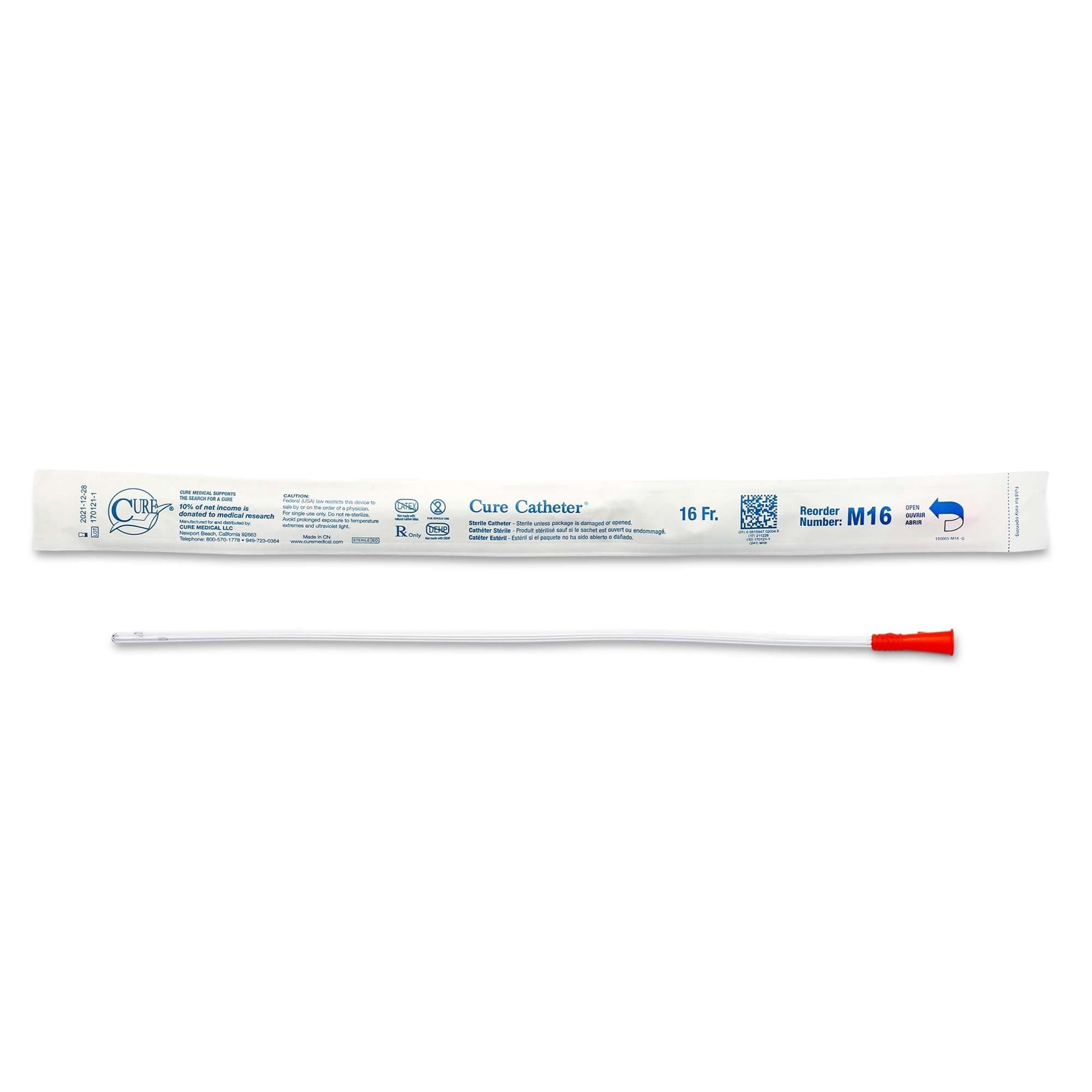 Cure Uncoated PVC Intermittent Catheter for Men, 16 Fr - Box of 30 - Image 1