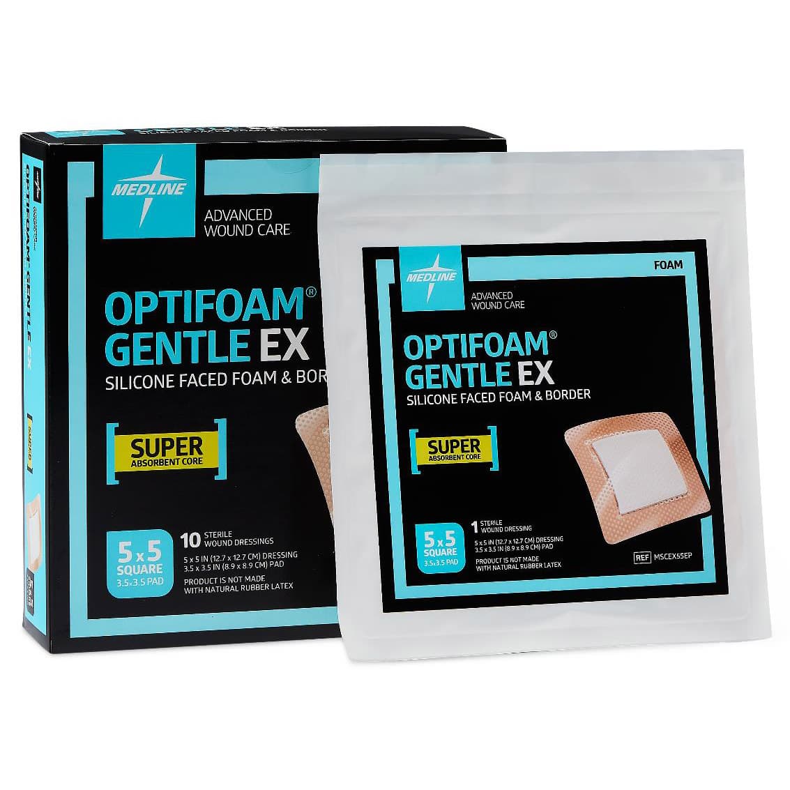 Optifoam Gentle EX Silicone-Faced Border Foam Dressing, Sterile, 5 x 5 Inch - Box of 10 - Image 1
