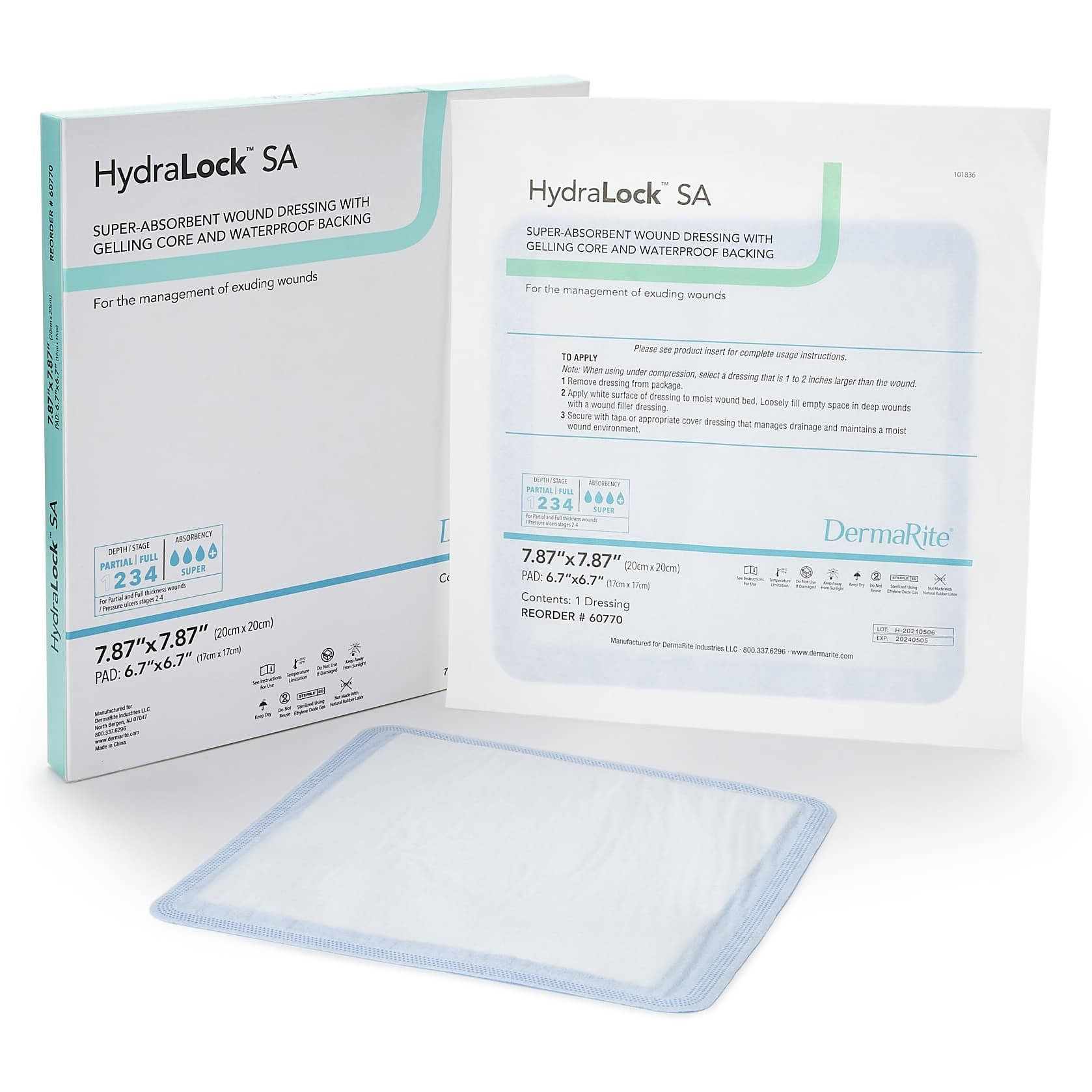 DermaRite HydraLock SA Super Absorbent Wound Dressing, 7.87 x 7.87 Inch - Box of 10 - Image 1
