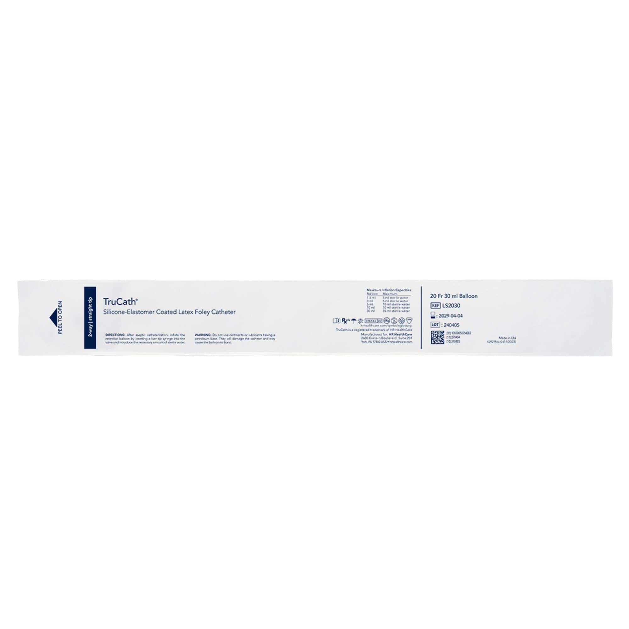 TruCath Silicone-Elastomer Coated Latex 2-Way Foley Catheter, Standard Tip, 20 Fr, 30 mL - Each - Image 1