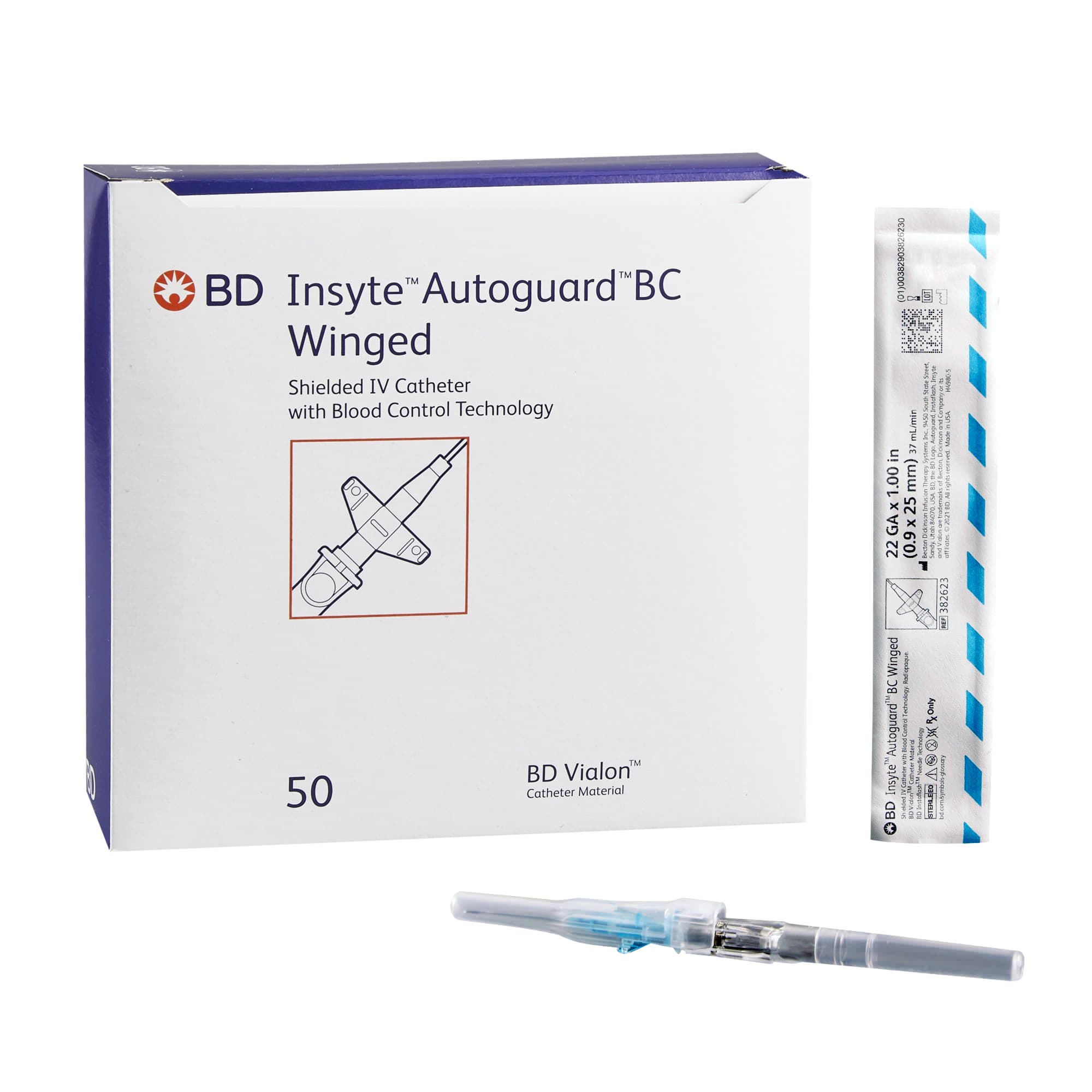BD Insyte Autoguard BC Peripheral IV Catheter, 22 Gauge, 1 Inch, 37 mL per min - Box of 50 - Image 1