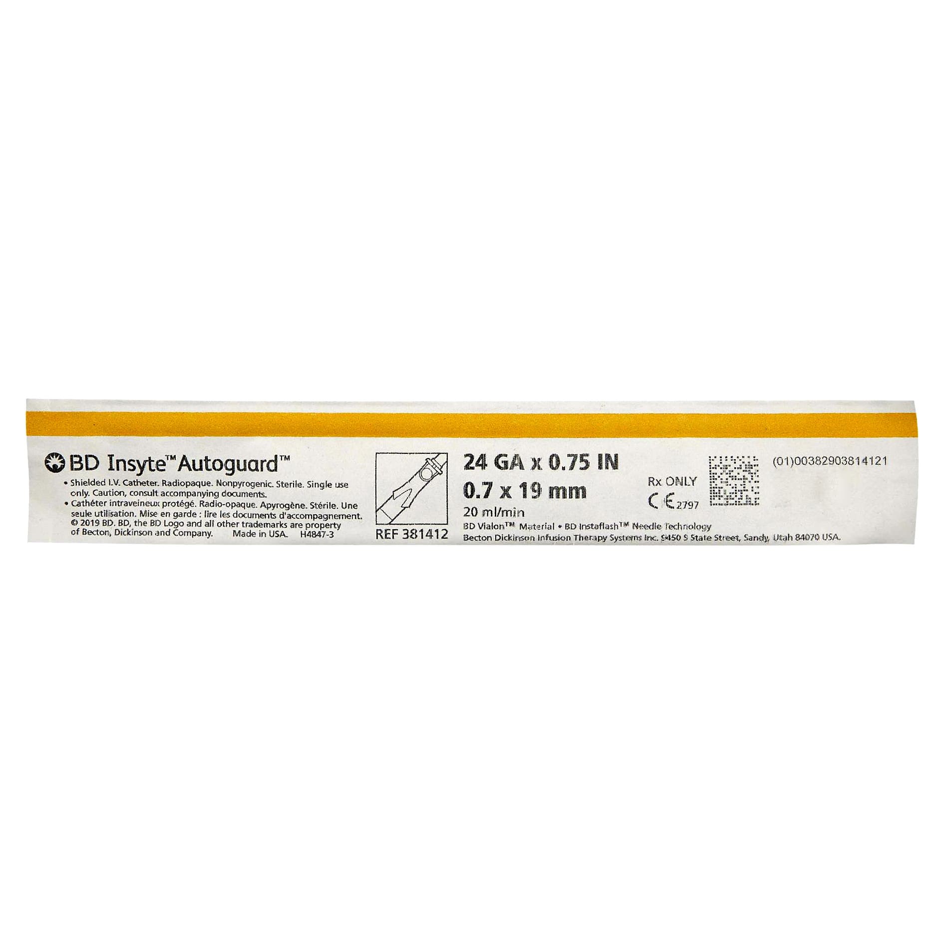 BD Insyte Autoguard Vialon Shielded Peripheral IV Catheter, 24 Gauge, 0.75" - Each - Image 1