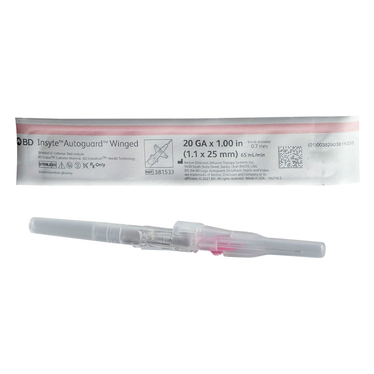 BD Insyte Autoguard Winged Shielded IV Catheters, Pink, 20 Gauge, 1 Inch - Each - Image 1