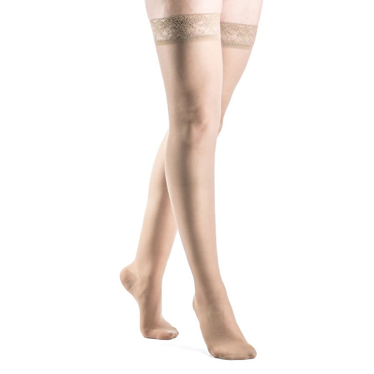 Sigvaris Sheer Fashion Thigh High Compression Stockings 15-20mmHg, Size C, Suntan - Pair - Image 1