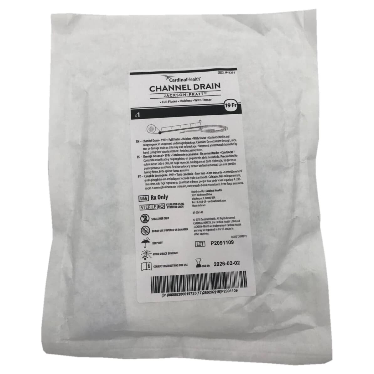 Jackson-Pratt Silicone Channel Drain Full Flutes Hubless with Trocar 19F - Each - Image 1