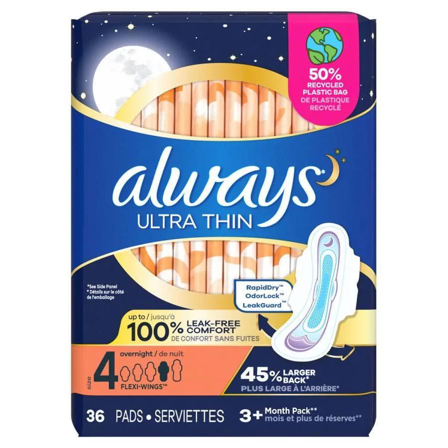 Always Ultra Thin Pads, Overnight Absorbency, Size 4 - Package of 36