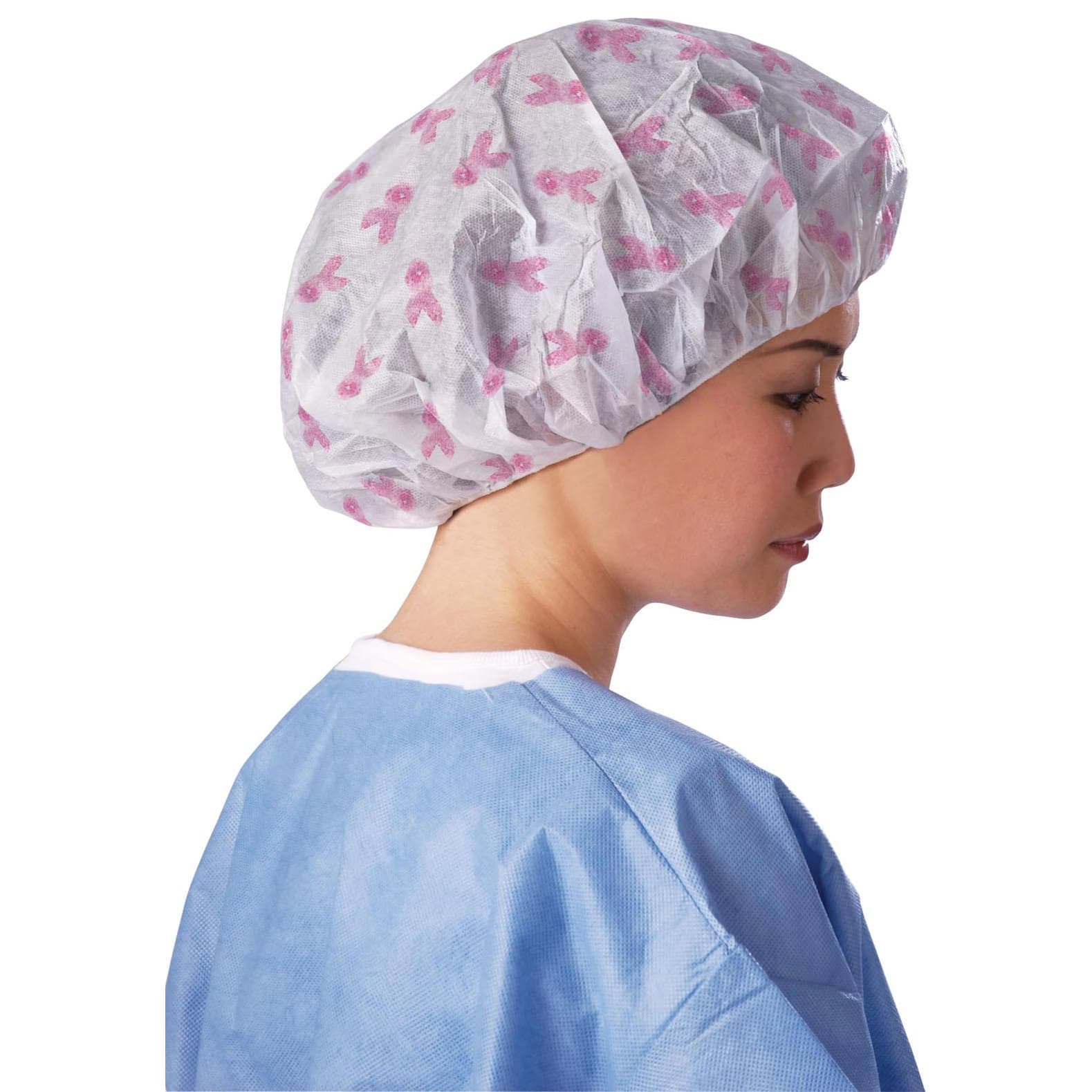 Medline Pro Series Bouffant Caps, Large, 24 Inch, Pink Ribbon Print - Box of 100 - Image 1