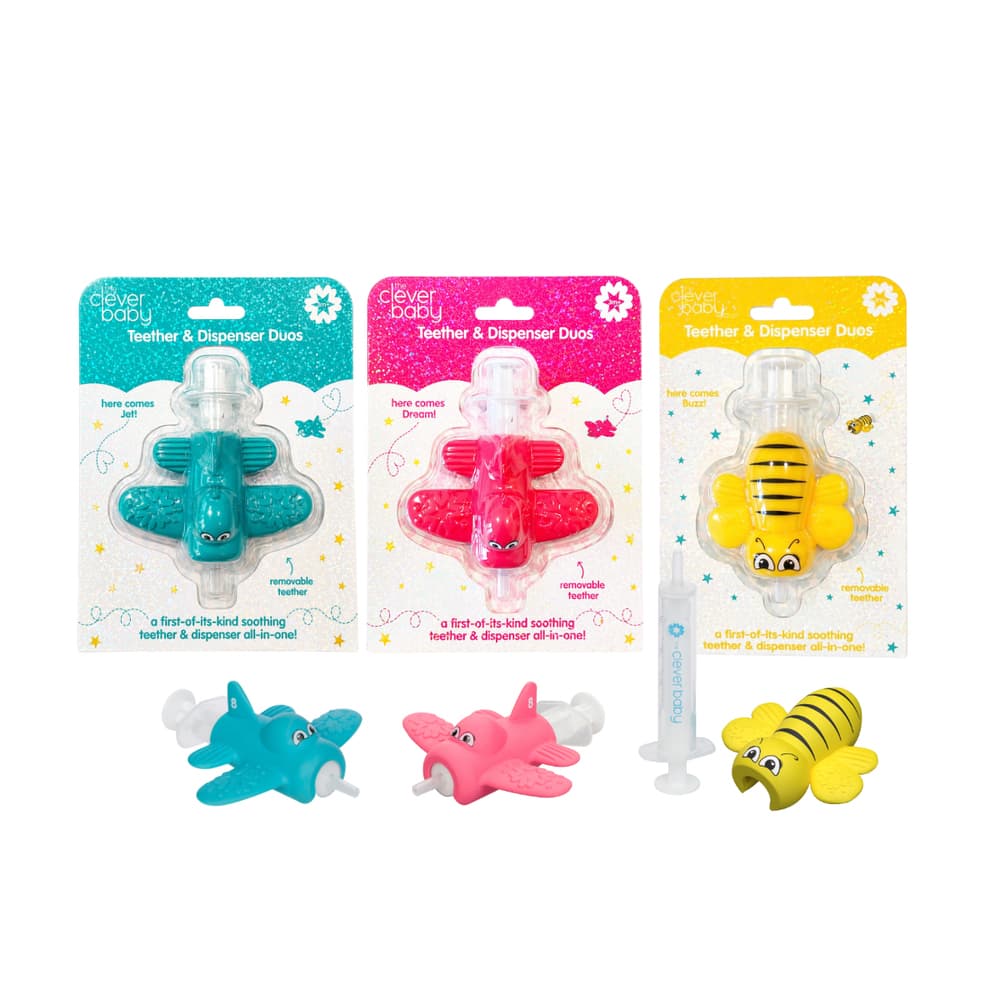 Clever Baby Teether & Dispenser Duo and Medicine Spoon Duo, Jet, Dream, & Buzz Variety Pack, 10mL - Image 1