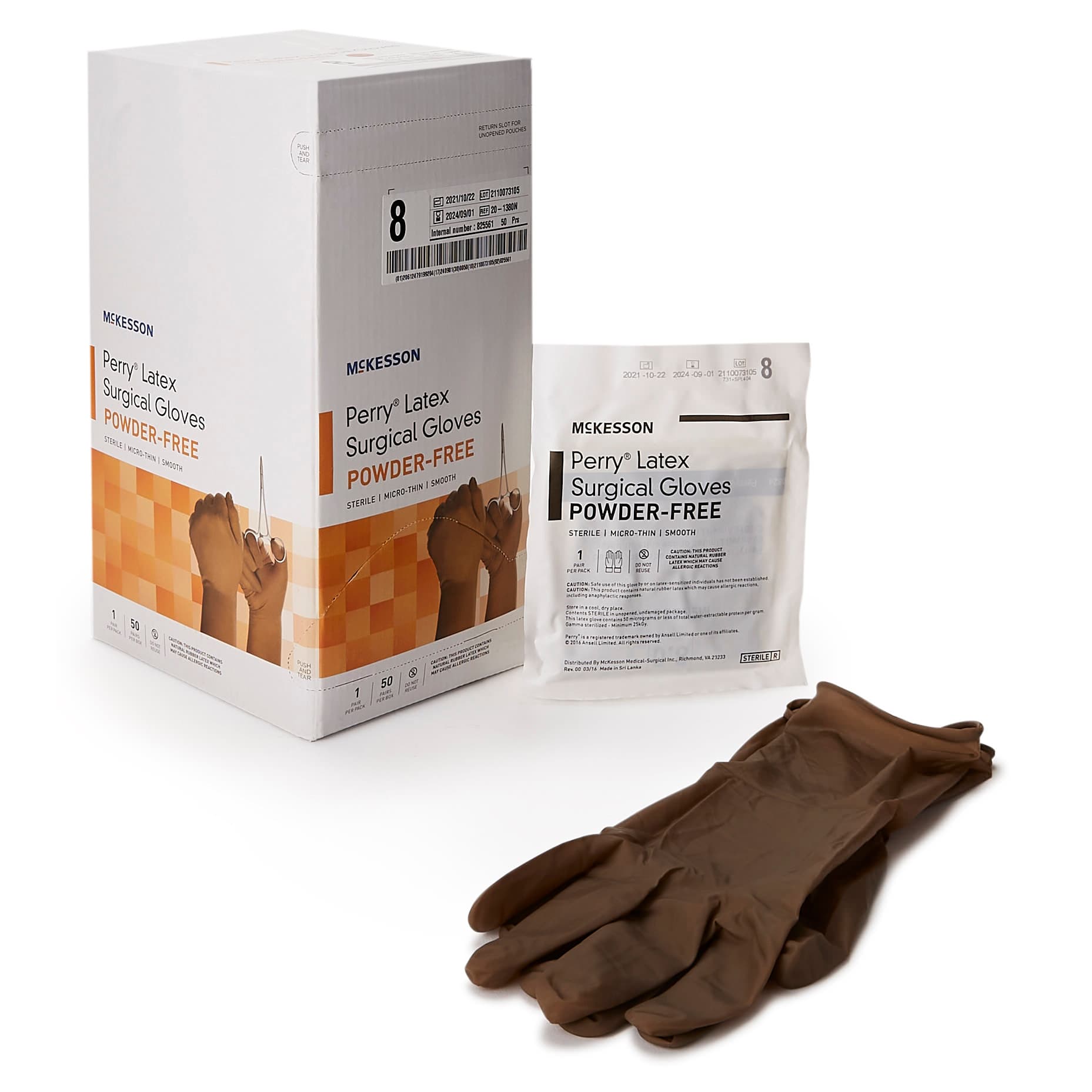 McKesson Perry Latex Powder Free Surgical Glove, Size 8, Brown - Case of 400 - Image 1
