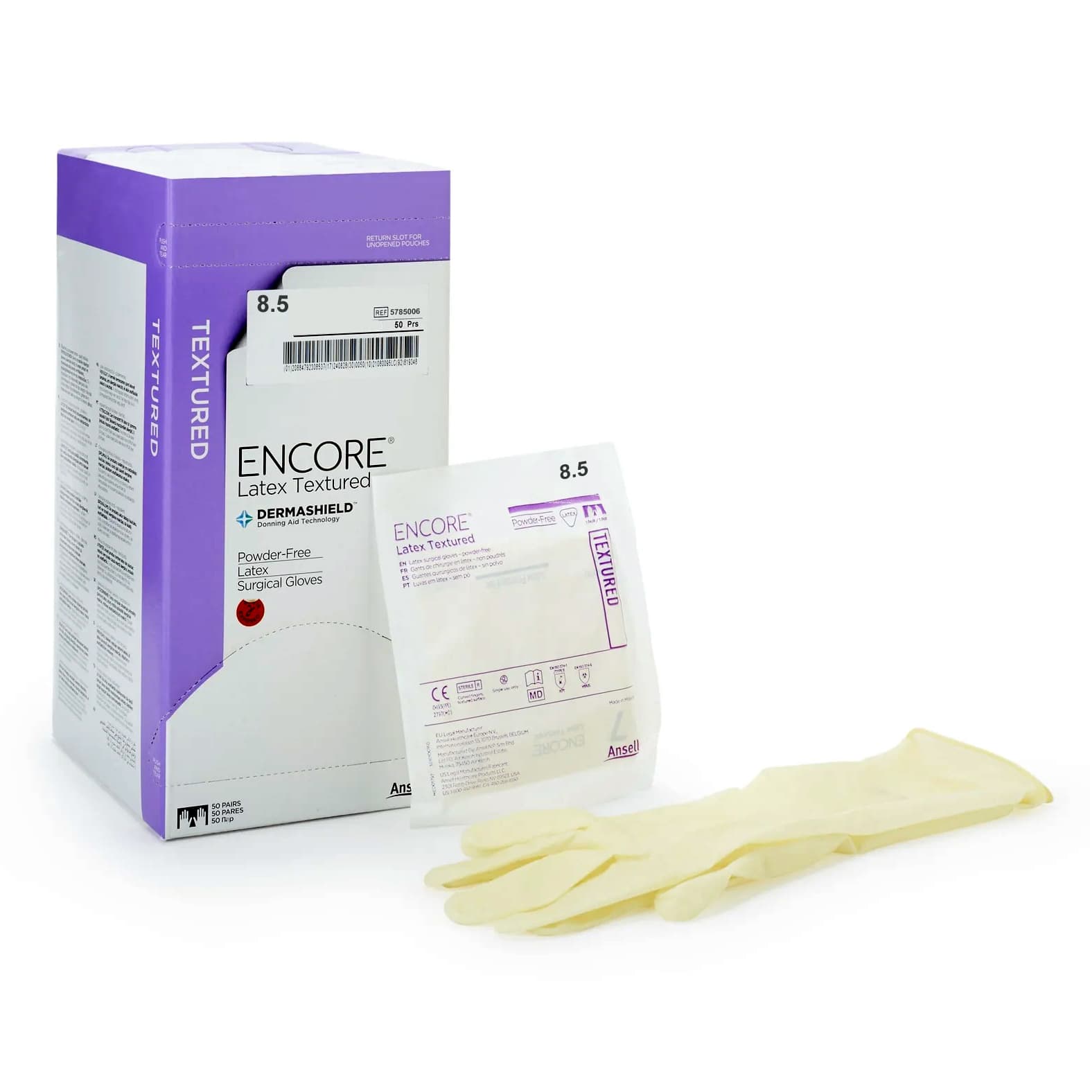 ENCORE Latex Textured Surgical Glove Ivory Neutral Beaded Cuff Standard, Size 8.5 - Case of 200 - Image 1