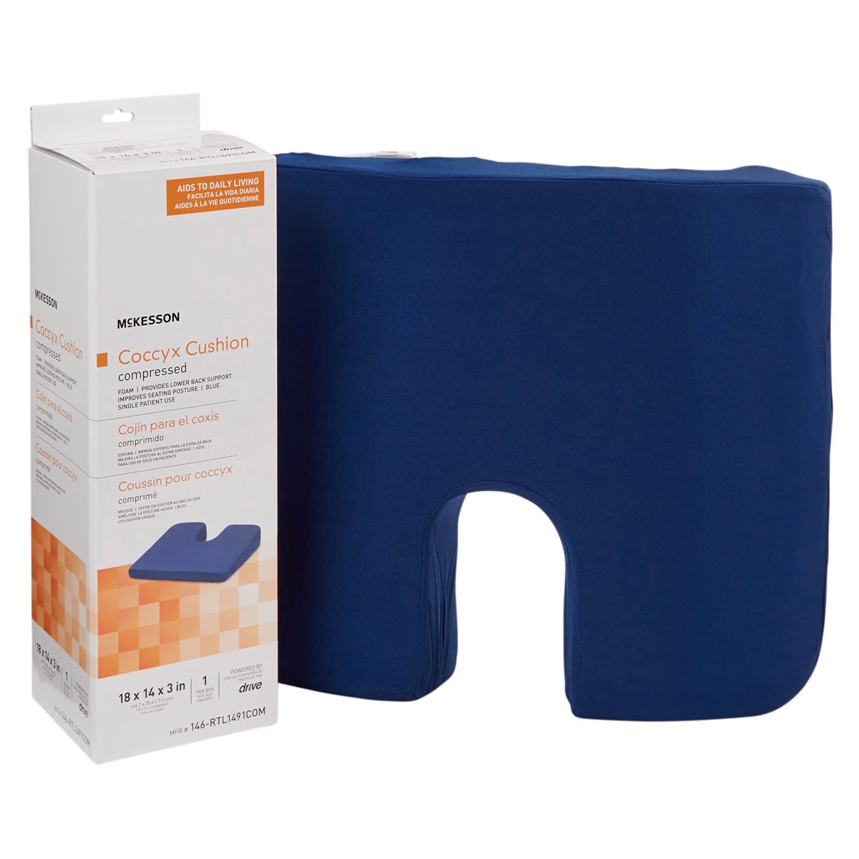 McKesson Blue Coccyx Support Seat Cushion with Cover, 18 W x 14 D x 3 H Inch