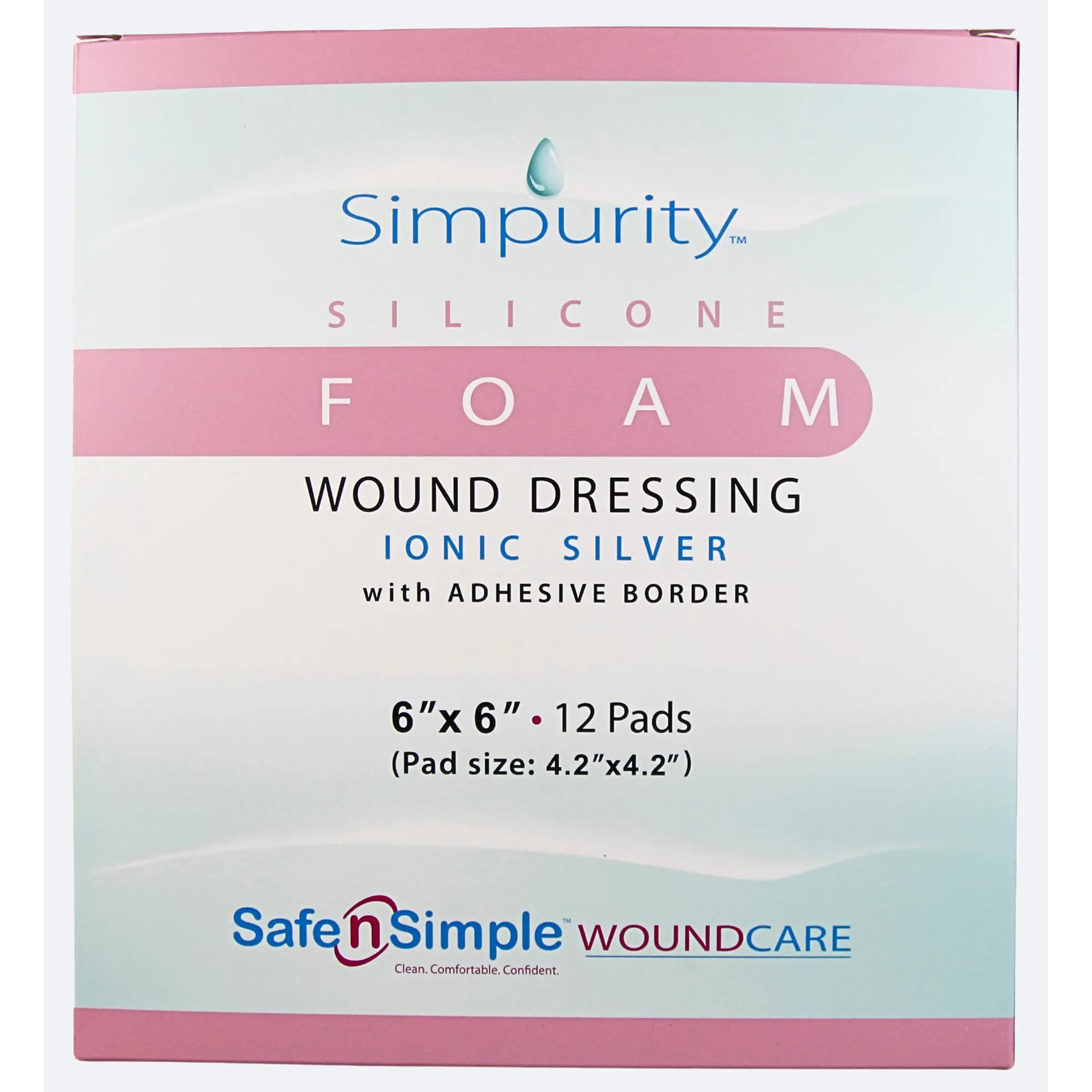 Simpurity Silver Silicone Foam Wound Dressing with Adhesive Border, 6 x 6 Inch - Box of 12 - Image 1