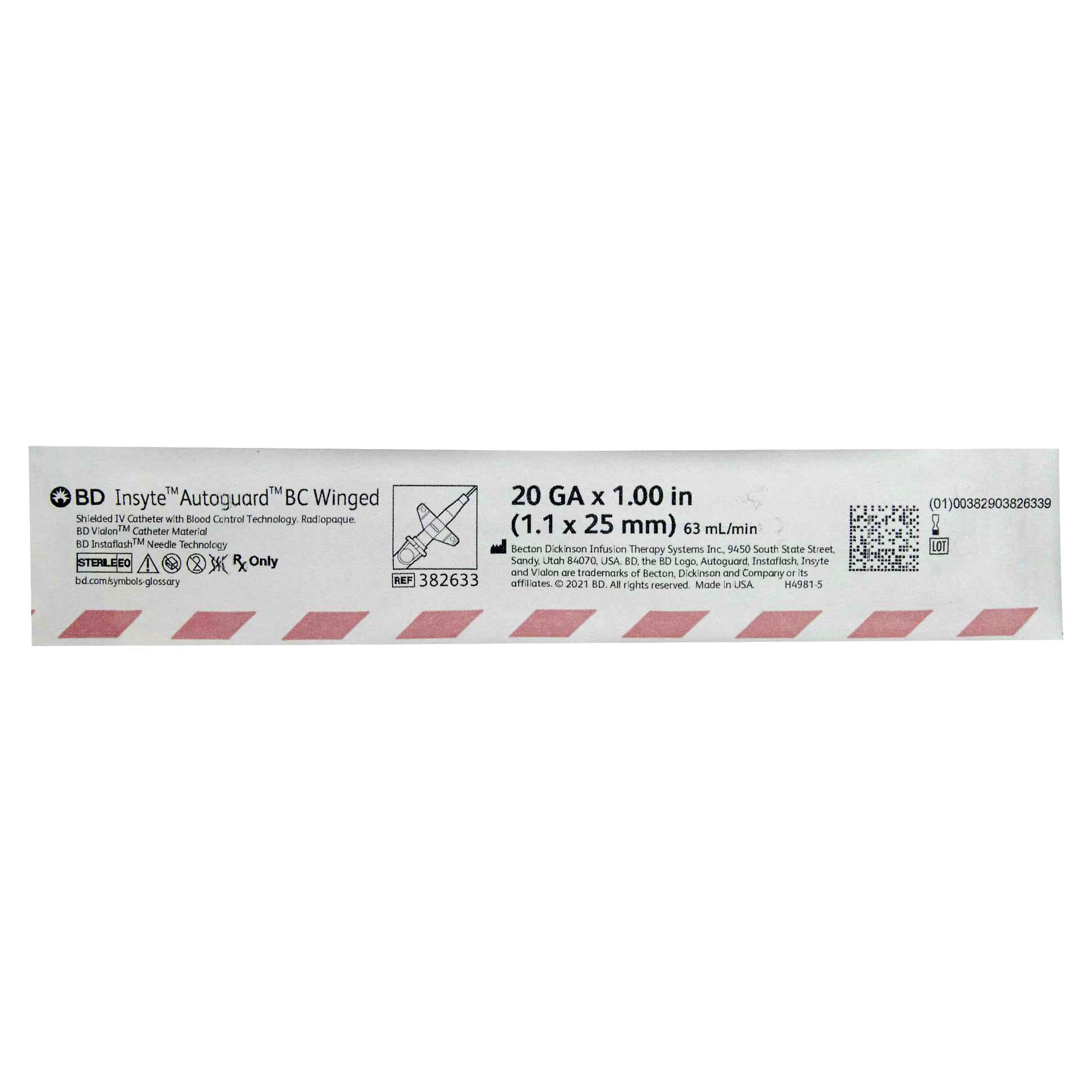 BD Insyte Autoguard BC Peripheral IV Catheter, 20 Gauge, 1 Inch, 63 mL per min - Each - Image 1