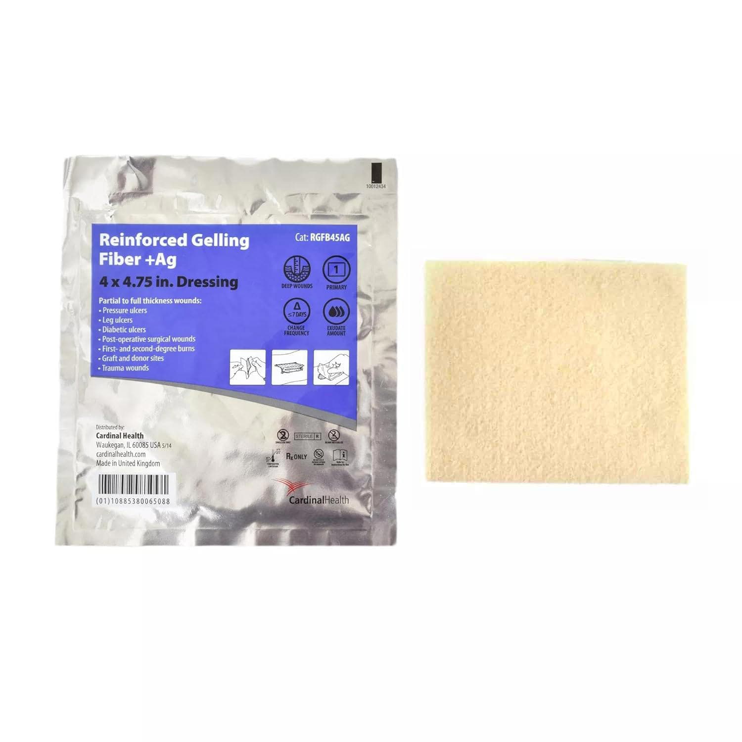 Cardinal Health Reinforced Silver (Ag) Gelling Fiber Wound Dressing, 4 x 4.75 Inch - Image 1