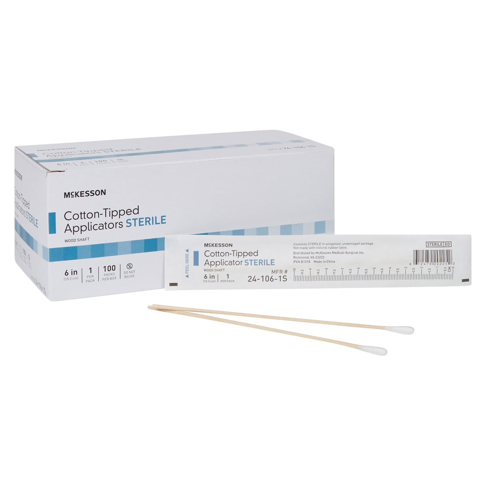 McKesson Swabstick Wood Shaft Sterile Cotton Tip Single End Tip - Box of 100 - Image 1