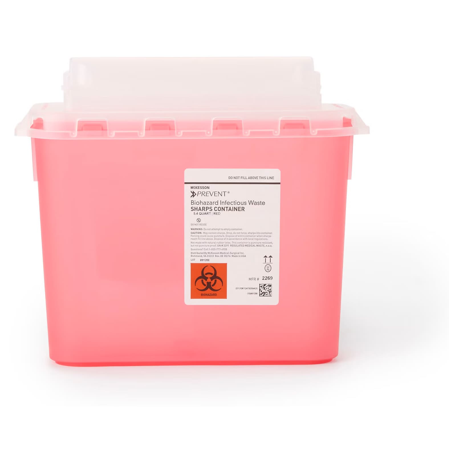 McKesson Prevent Sharps Container 11 H x 12 W x 4-3/4 D Inch 5.4 Quart Red Base