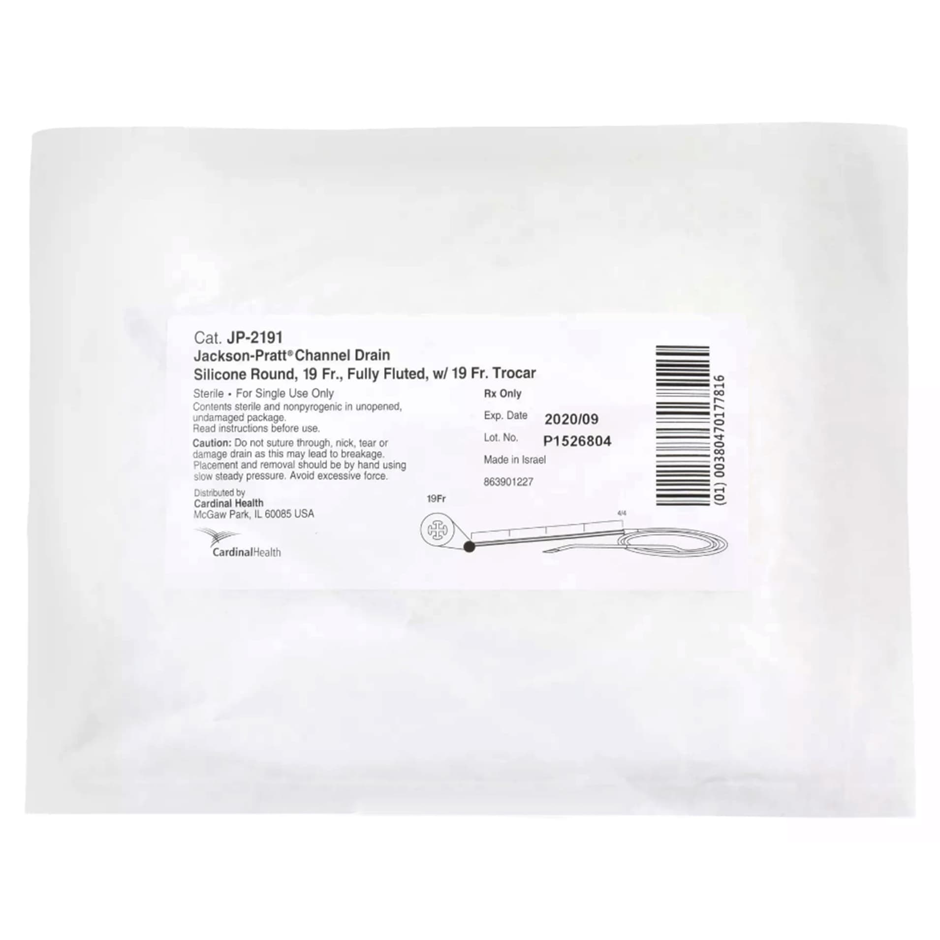 Jackson-Pratt 4 Channel Silicone Round Drain Tube, Fully Fluted with Trocar, 19Fr. - Each - Image 1