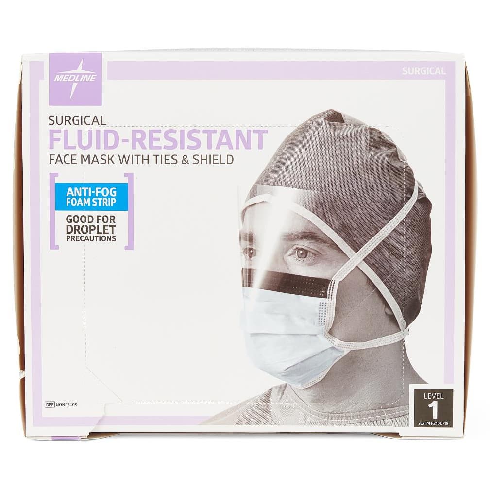 Medline ASTM Level 1 Surgical Mask with Anti-Fog Eye Shield - Box of 25 - Image 1