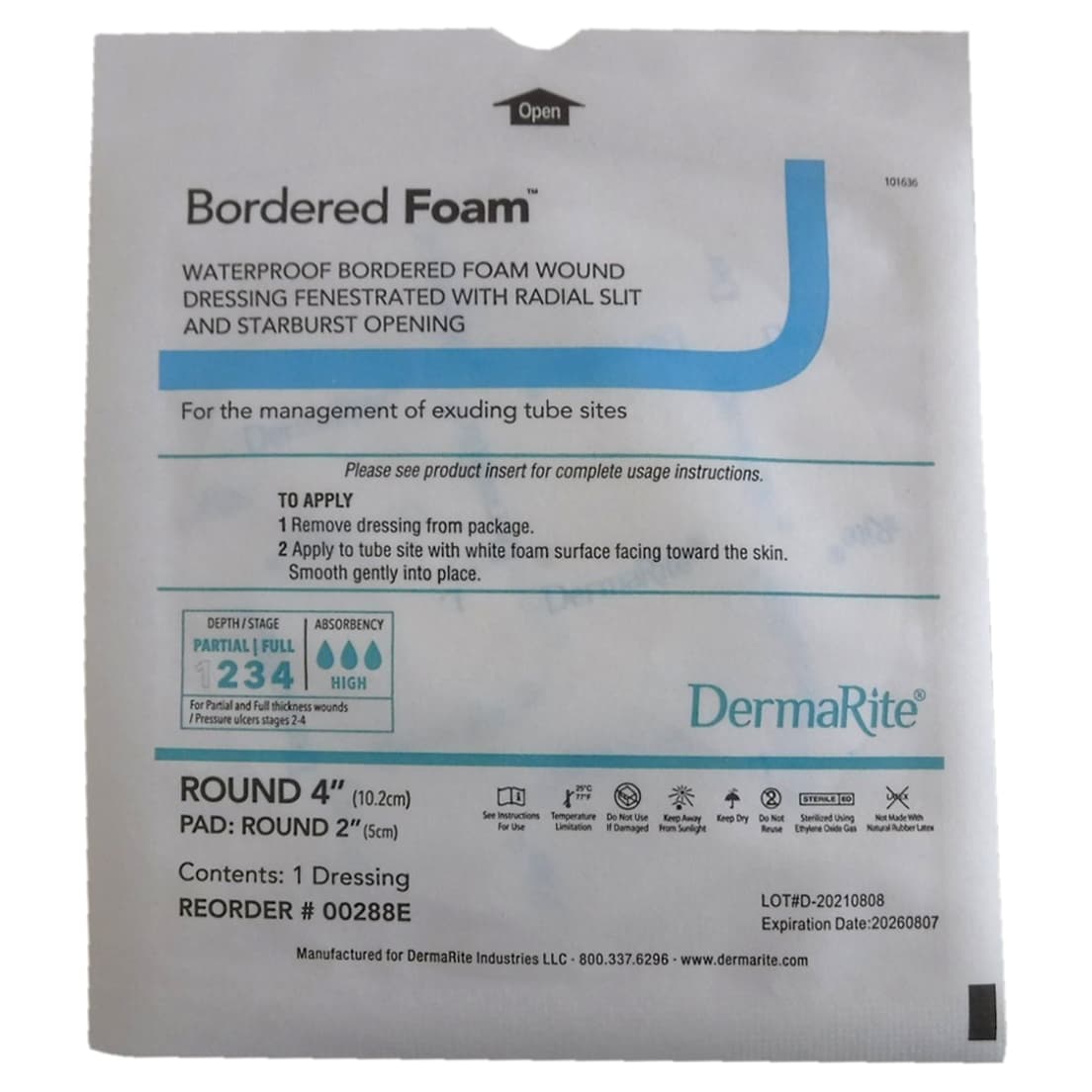 DermaRite Bordered Foam Waterproof Foam Dressing, 4 Inch Fenestrated - Each - Image 1