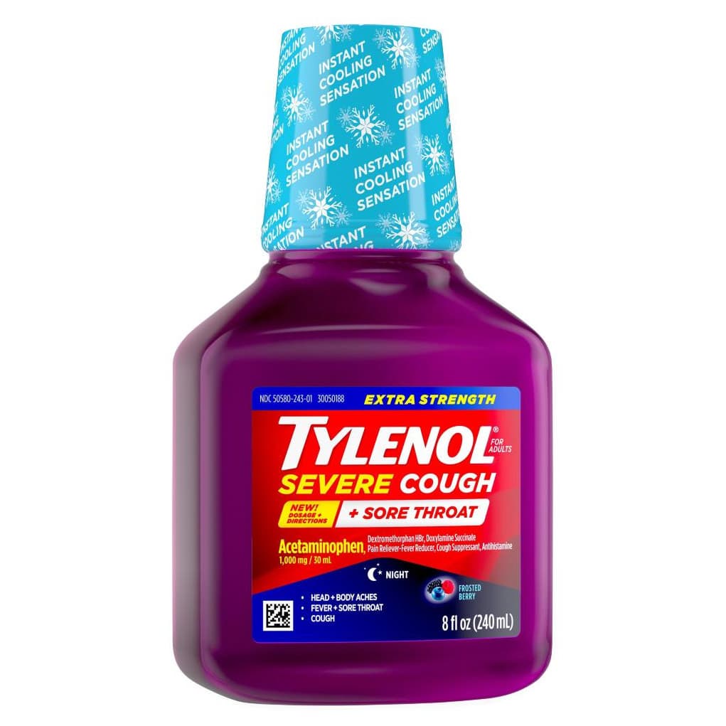 Tylenol Severe Cough and Sore Throat Night Liquid, 8 oz - Case of 24 - Image 1