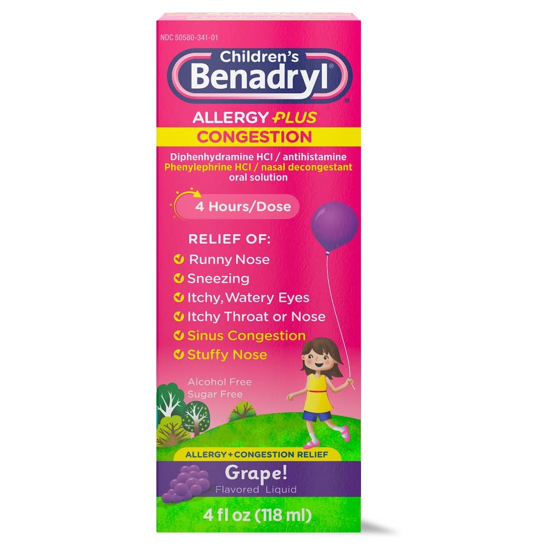 Children's Benadryl Allergy Plus Congestion Liquid Solution, Grape, 24.5 mg - Case of 24 - Image 1