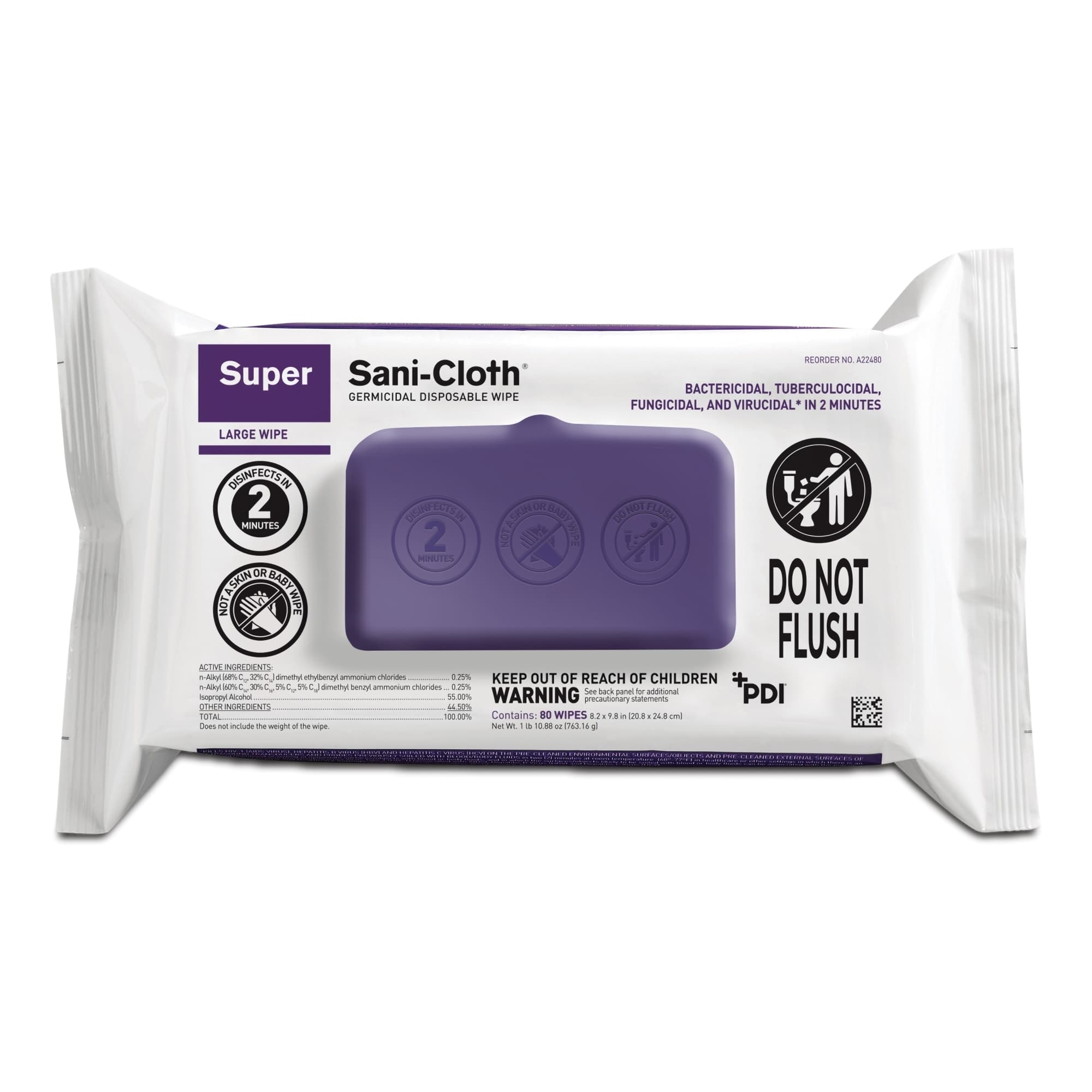Super Sani-Cloth Germicidal Disposable Wipes, Soft Pack, Large - Box of 80 - Image 1
