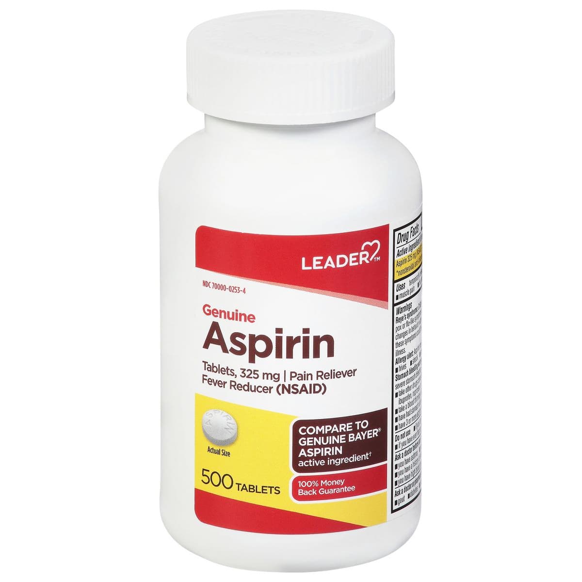 Leader Aspirin, 325mg Tablets, (Compare To Genuine Bayer Aspirin) - Bottle of 500